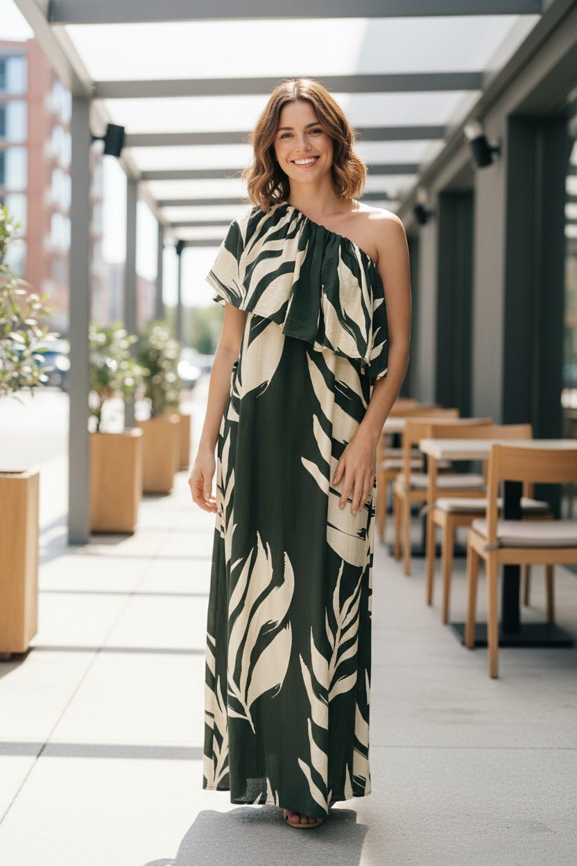 LA1505J -  One-Shoulder Leaf Print Maxi Dress
