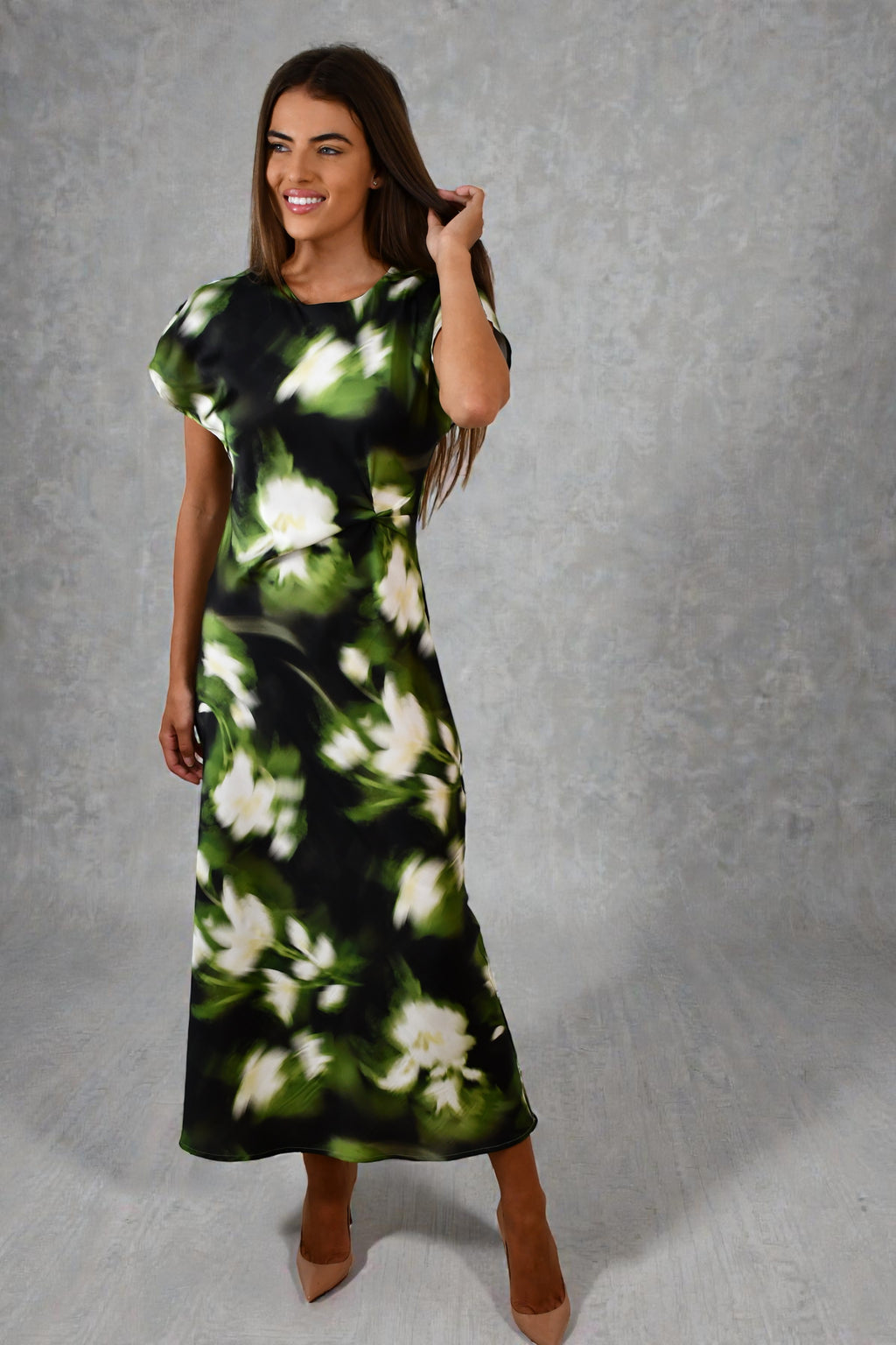 LA1747-4J Botanical Blur Satin Maxi Dress