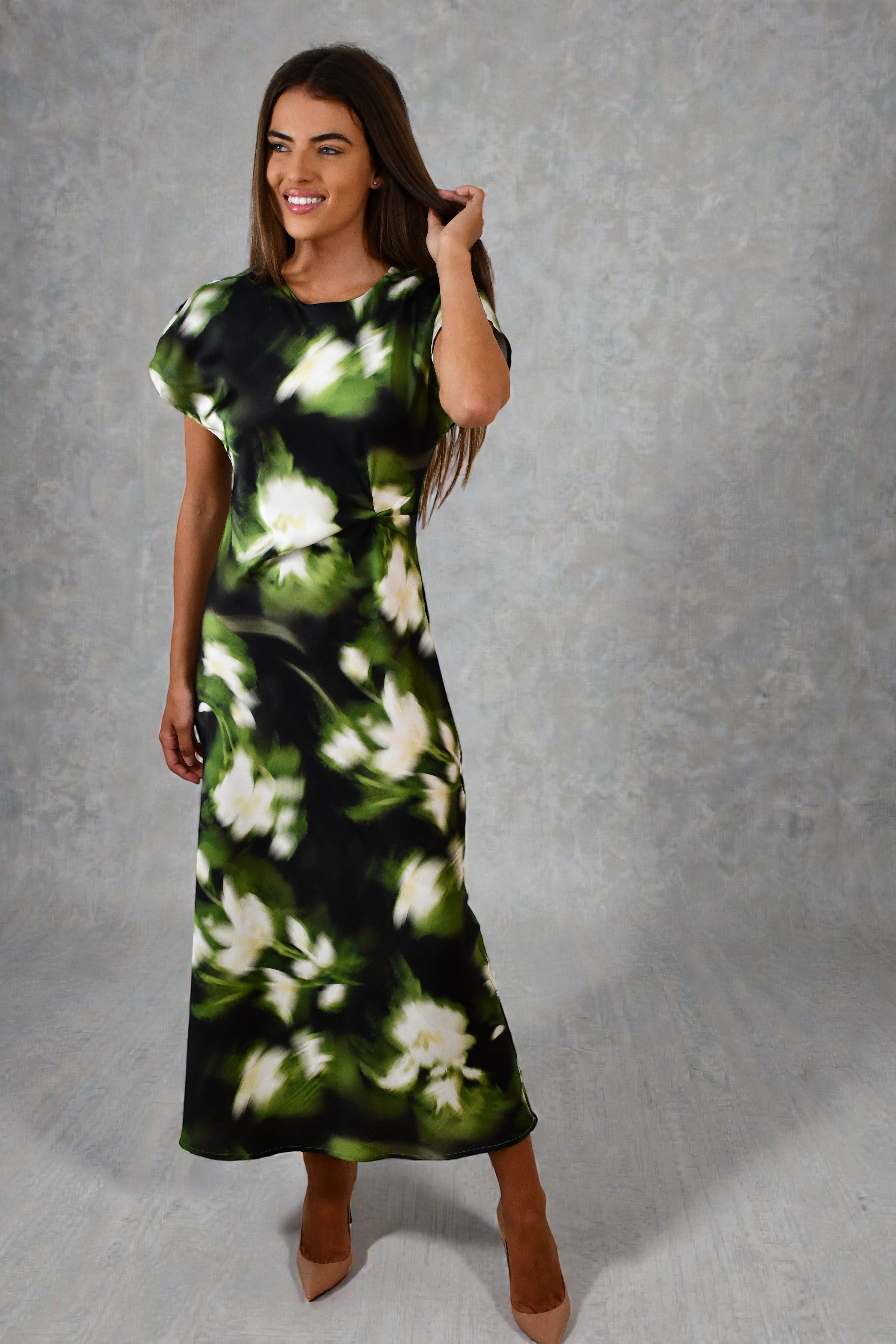 LA1747-4J Botanical Blur Satin Maxi Dress