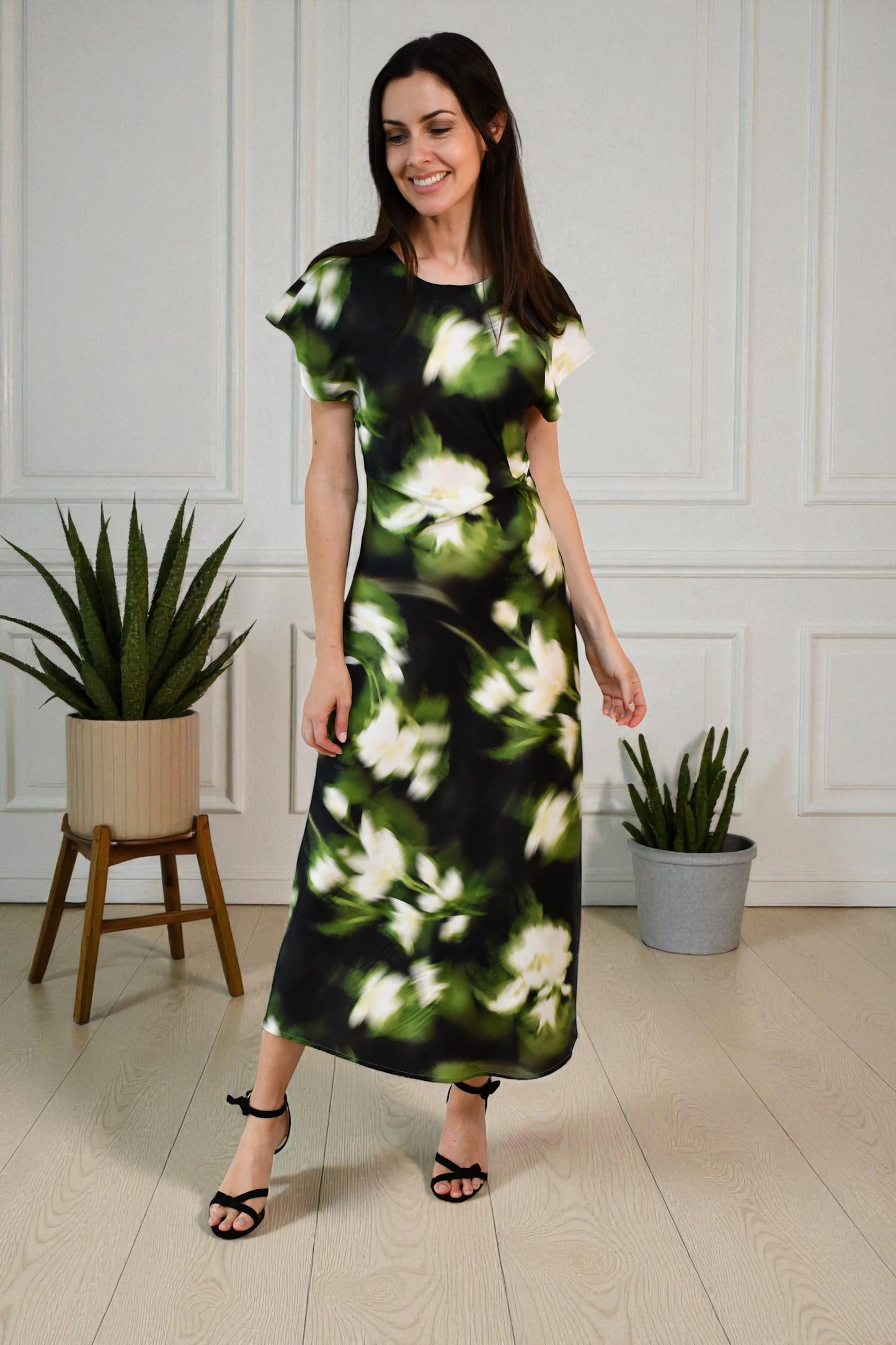 LA1747-4J Botanical Blur Satin Maxi Dress