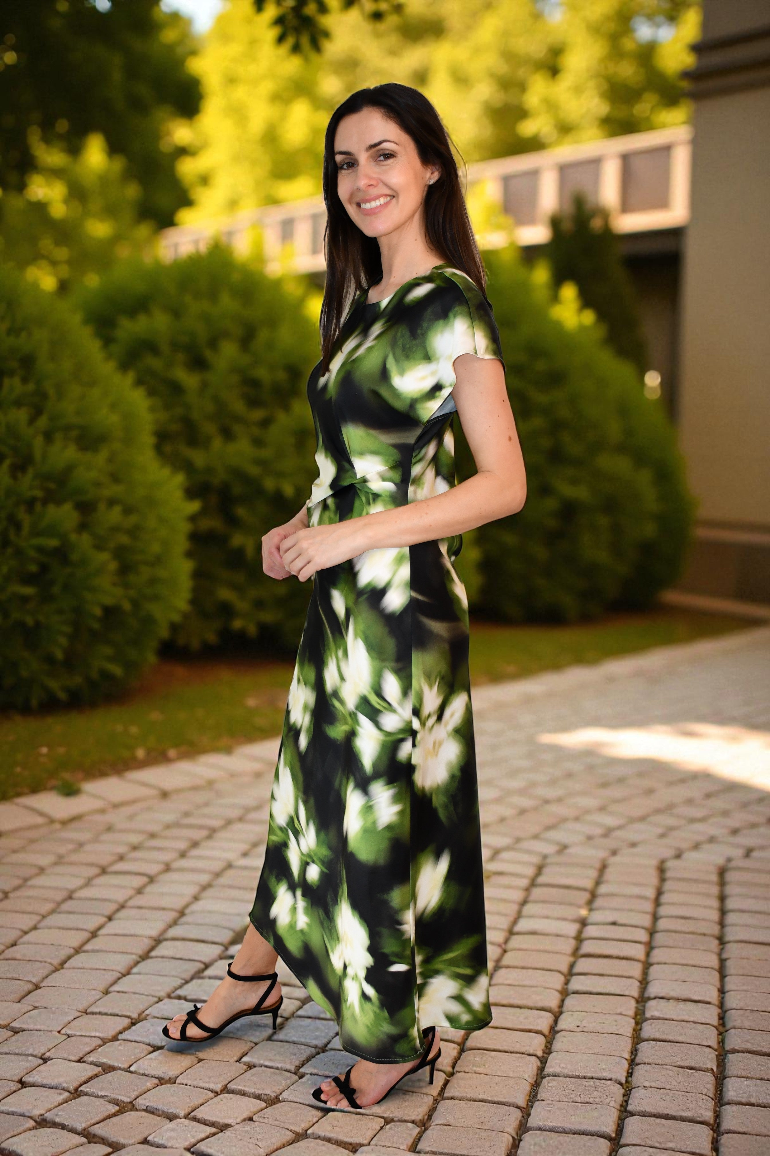 LA1747-4J Botanical Blur Satin Maxi Dress