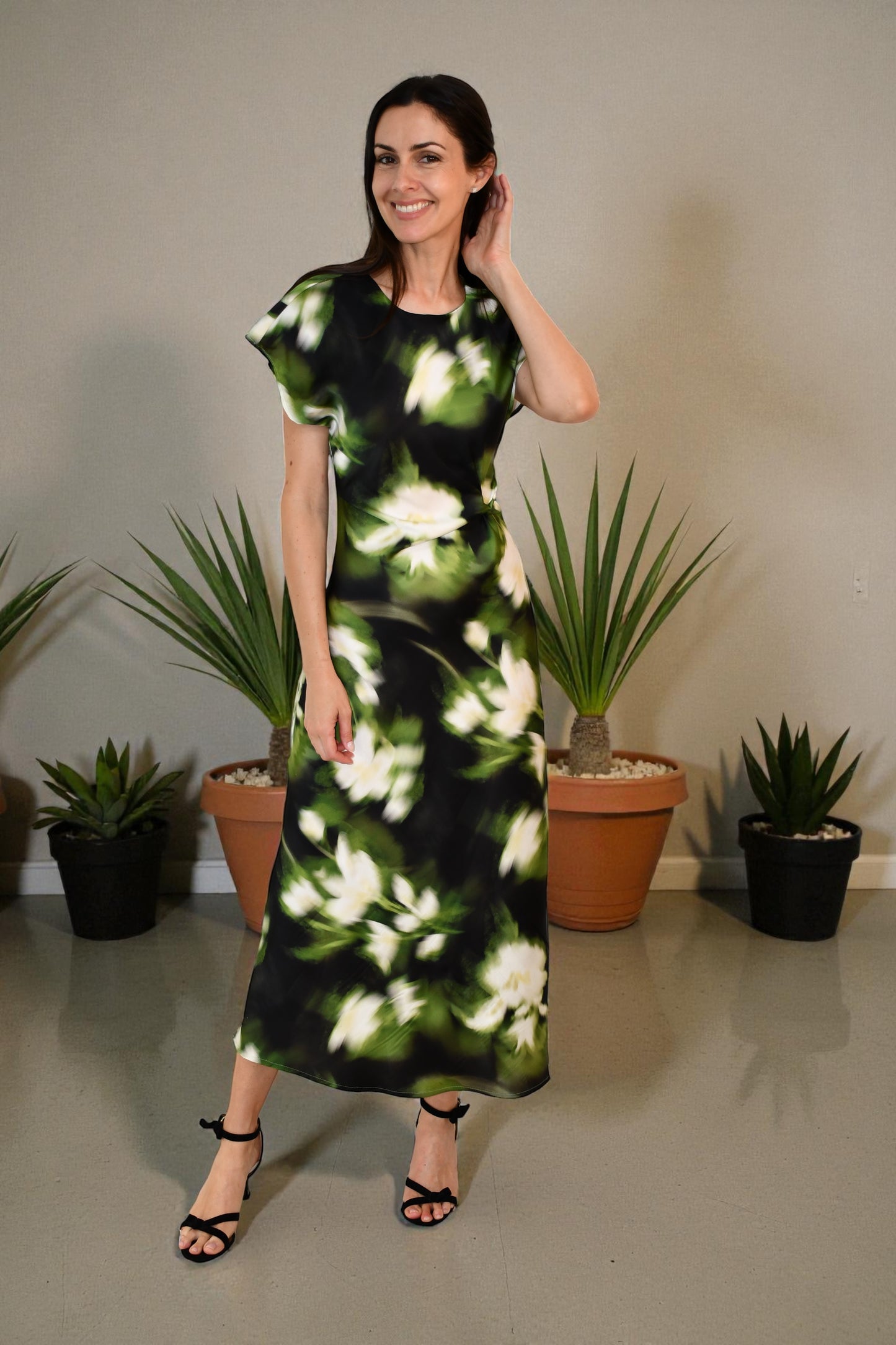 LA1747-4J Botanical Blur Satin Maxi Dress