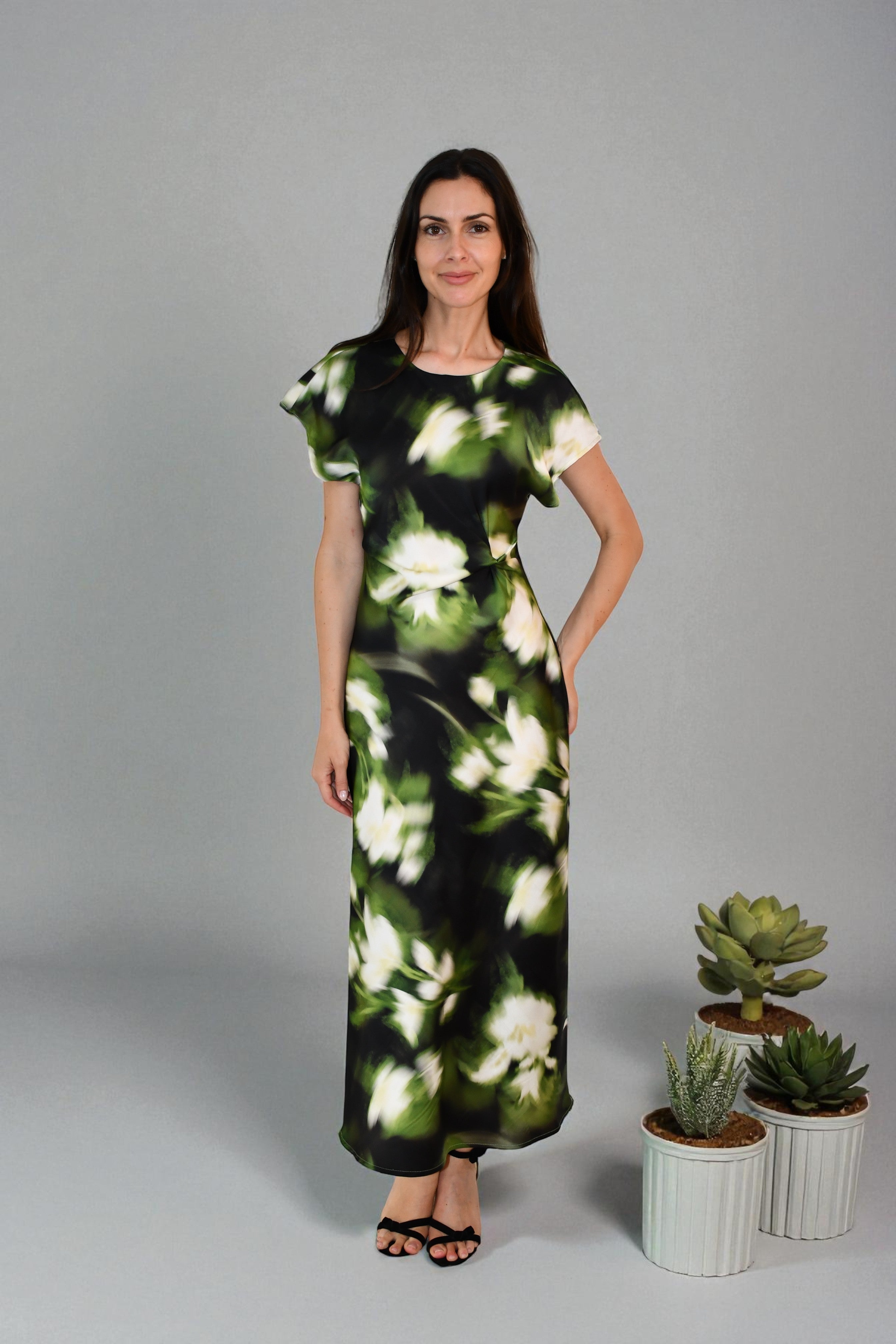 LA1747-4J Botanical Blur Satin Maxi Dress