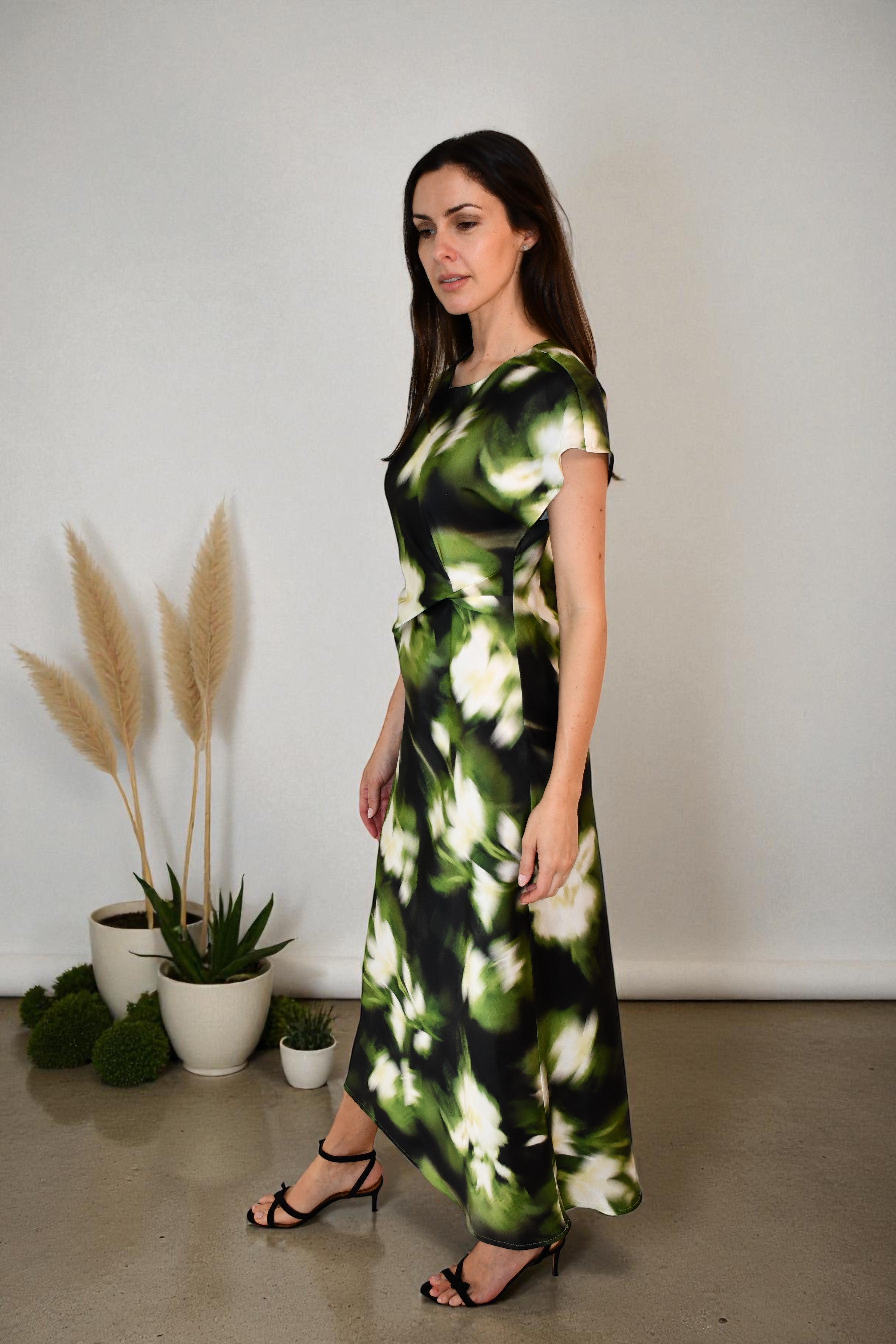 LA1747-4J Botanical Blur Satin Maxi Dress