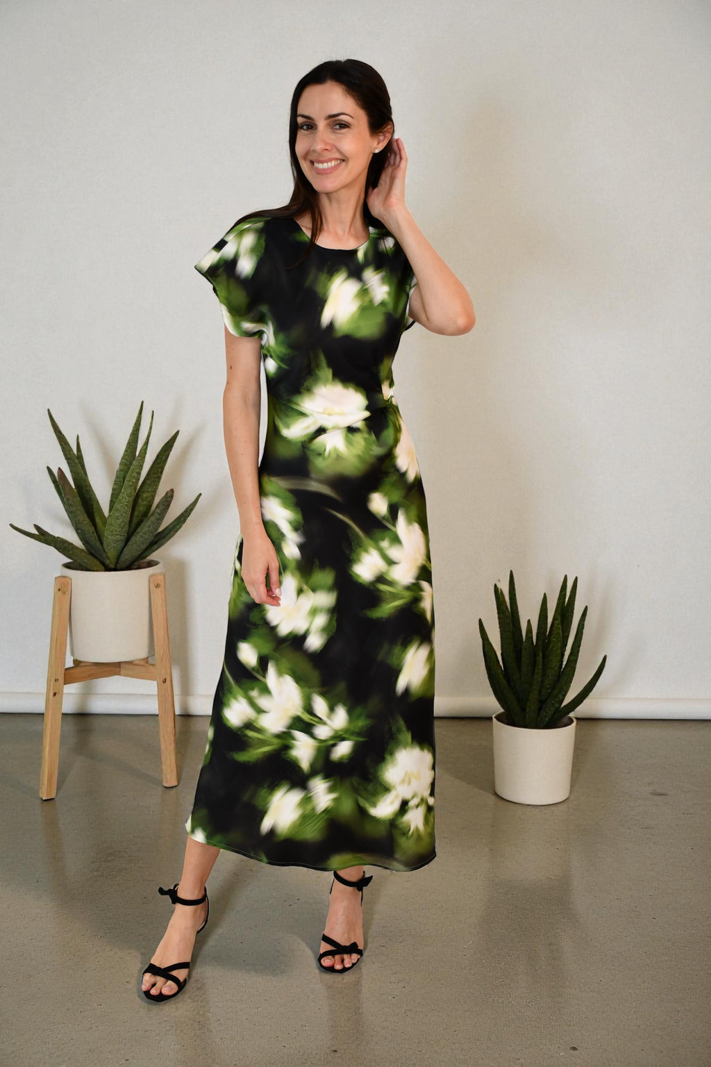 LA1747-4J Botanical Blur Satin Maxi Dress