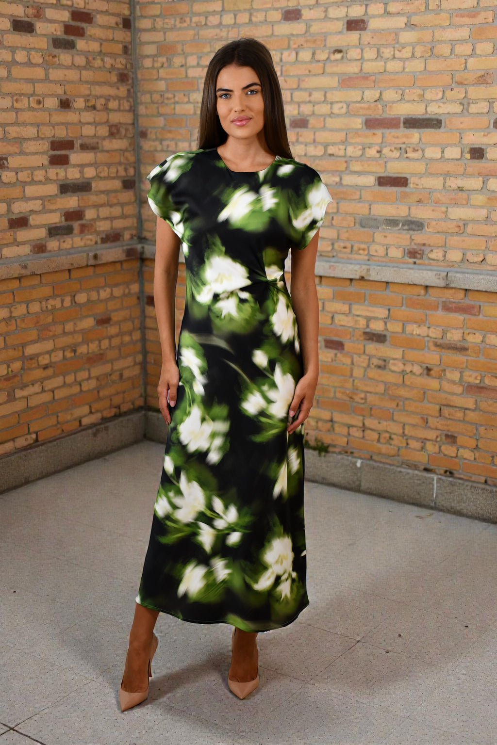 LA1747-4J Botanical Blur Satin Maxi Dress