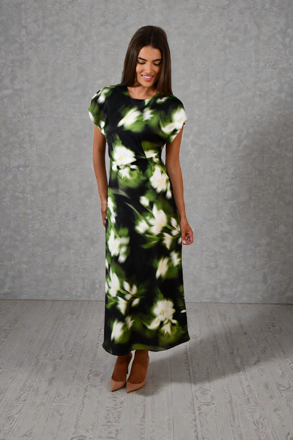 LA1747-4J Botanical Blur Satin Maxi Dress