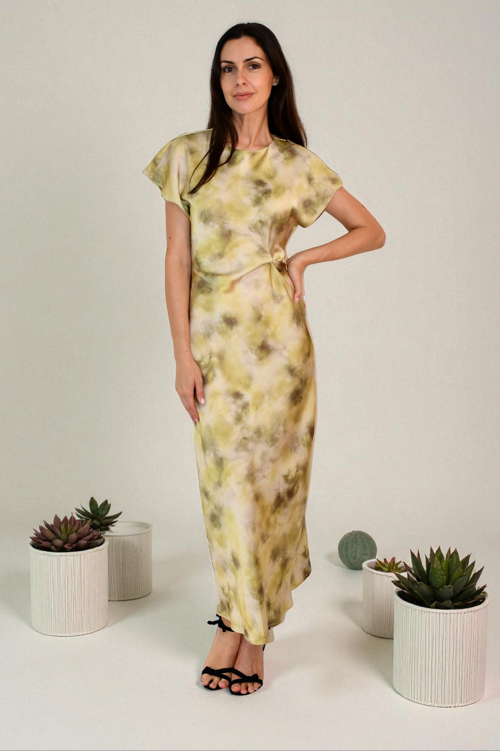 LA1747-6J -  Satin Twist-Front Midi Dress - Multi/Gold