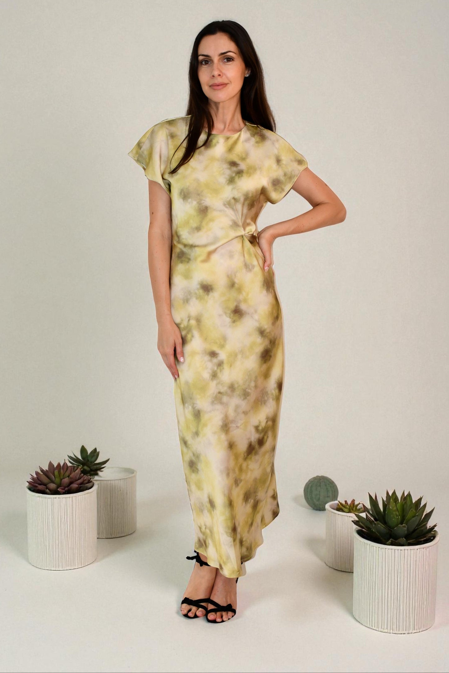 LA1747-6J -  Satin Twist-Front Midi Dress - Multi/Gold