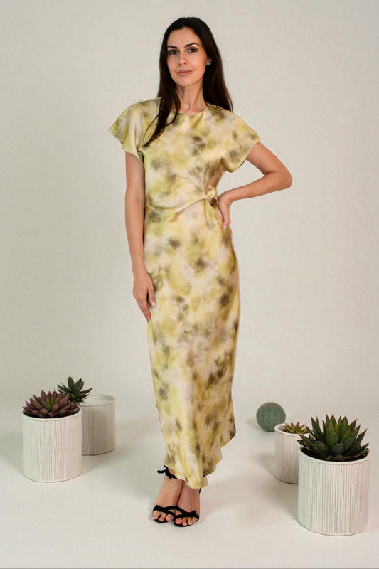 LA1747-6J -  Satin Twist-Front Midi Dress - Multi/Gold