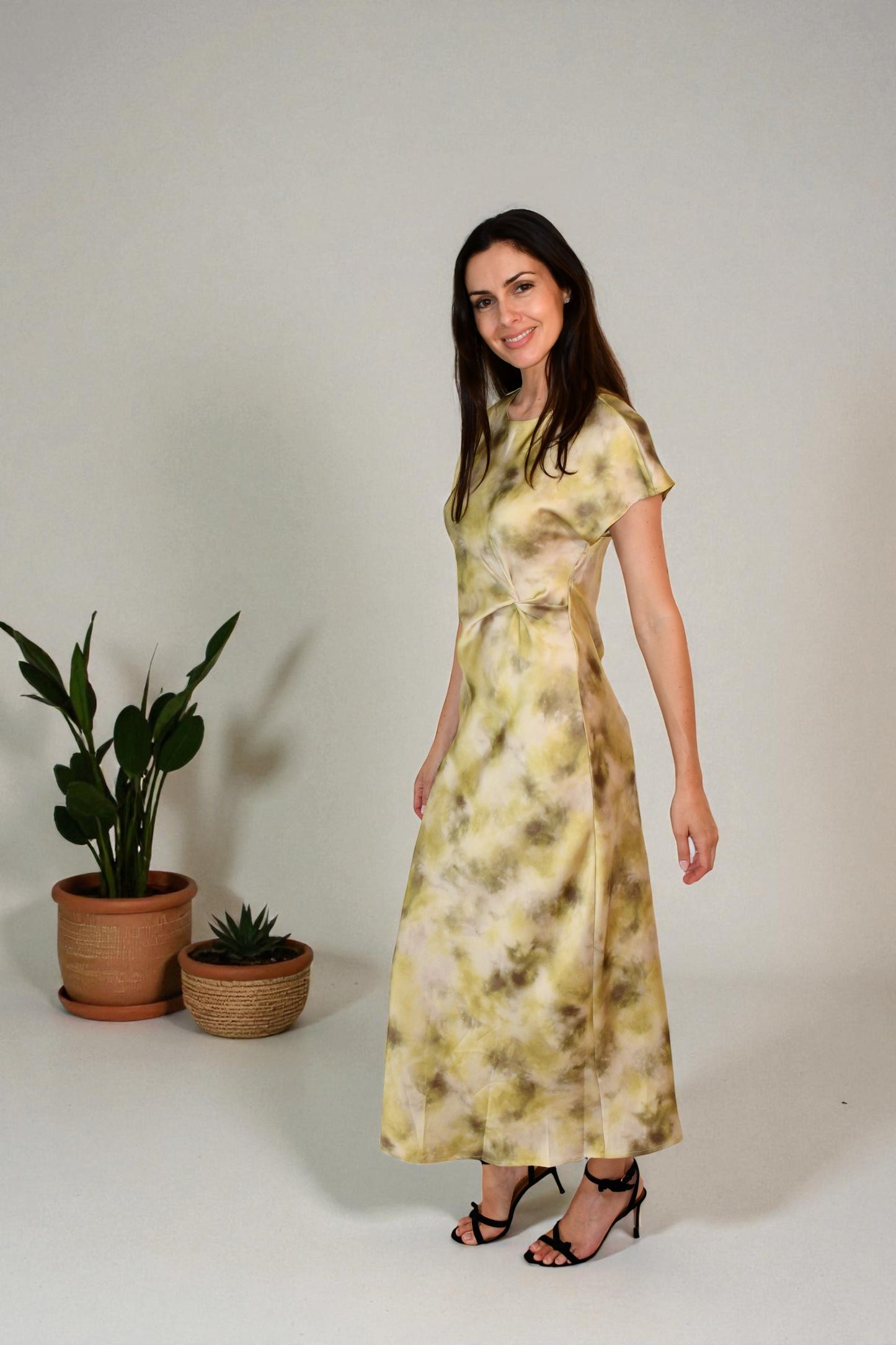 LA1747-6J -  Satin Twist-Front Midi Dress - Multi/Gold