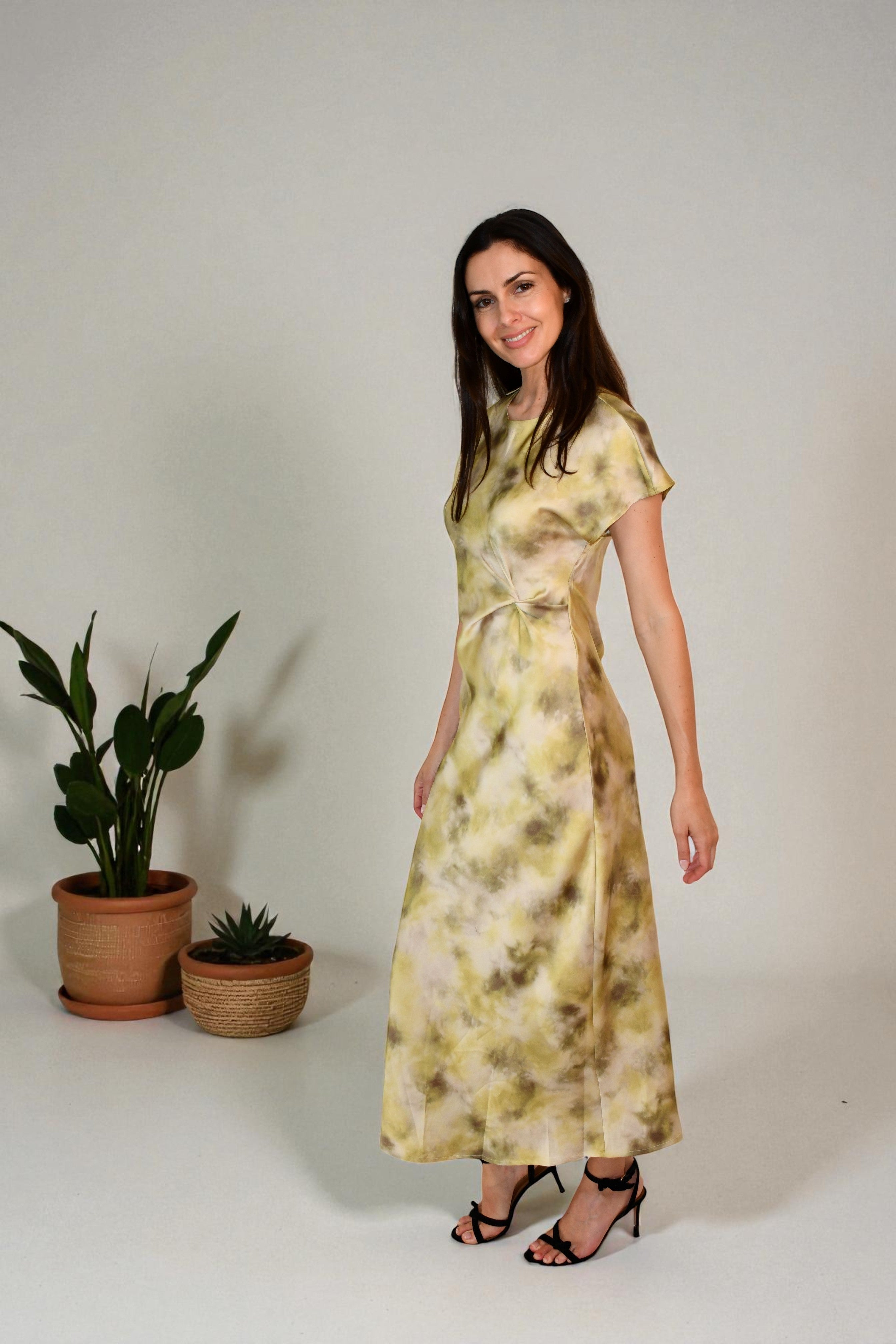 LA1747-6J -  Satin Twist-Front Midi Dress - Multi/Gold