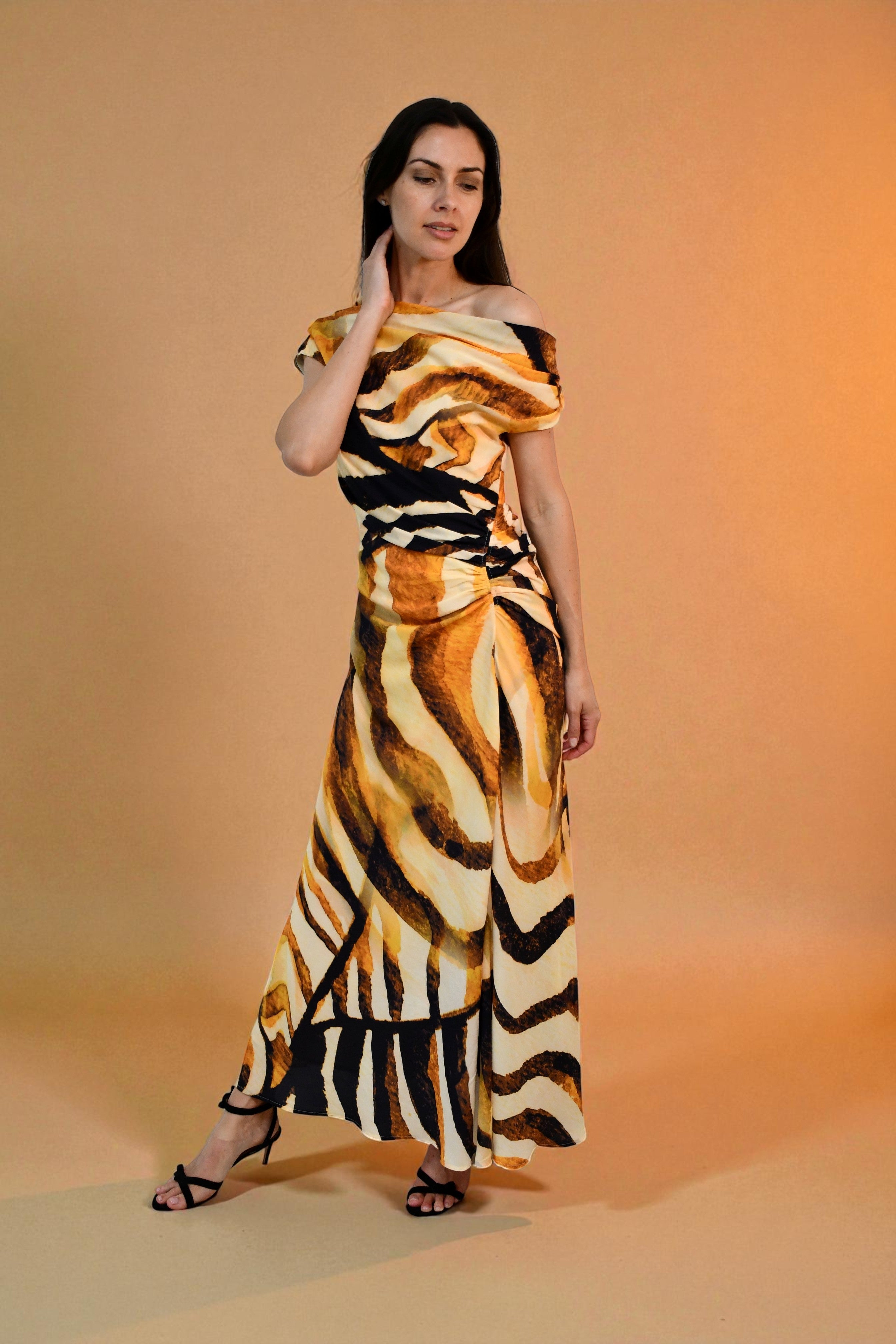 LA1774-10J  One / Off  Shoulder Ruched Dress - Artistic Brushstroke