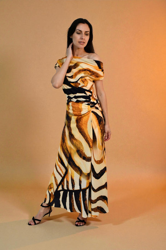 LA1774-10J  One / Off  Shoulder Ruched Dress - Artistic Brushstroke