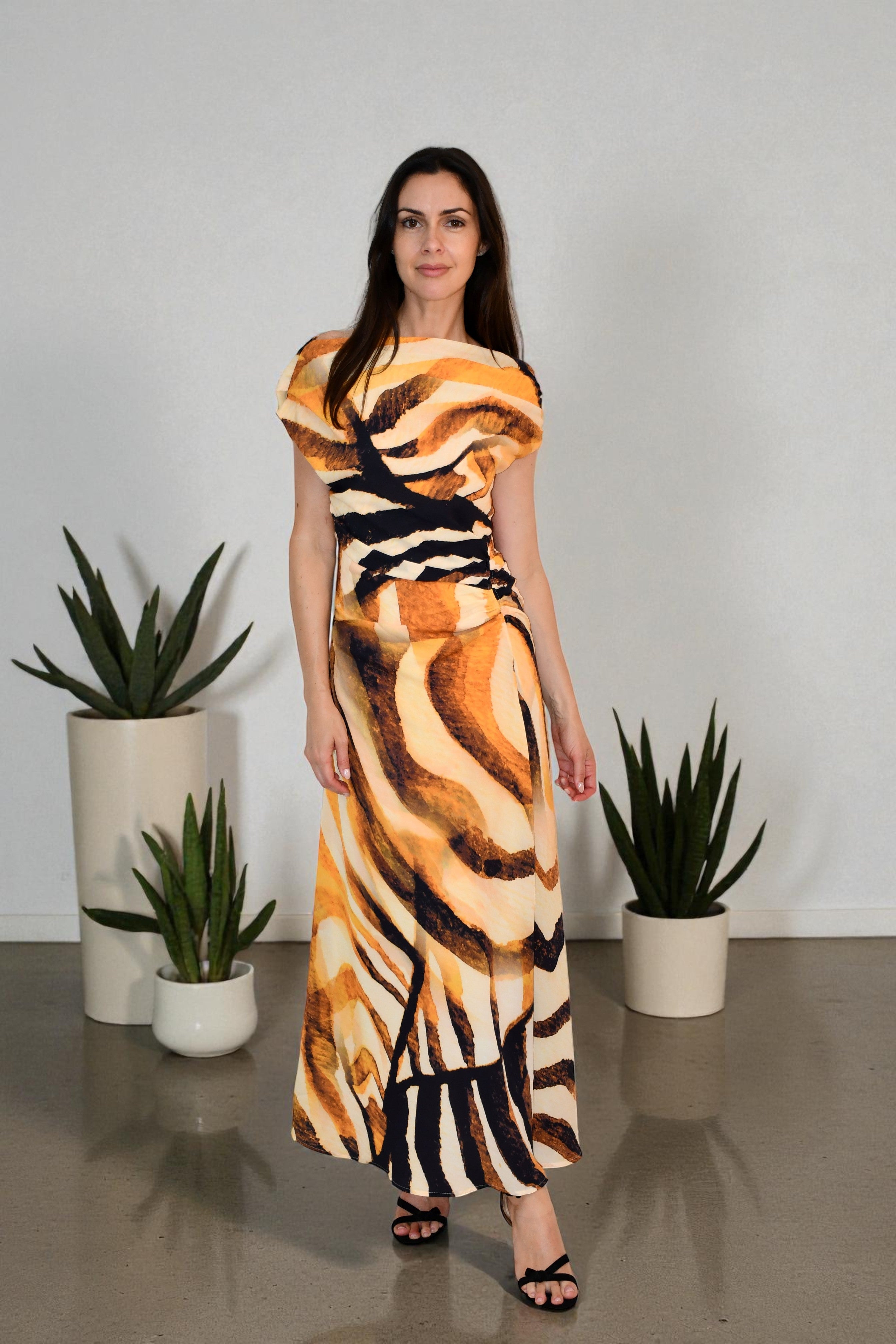 LA1774-10J  One / Off  Shoulder Ruched Dress - Artistic Brushstroke
