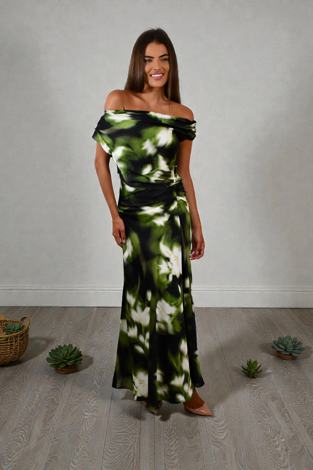 LA1774-13J  One / Off Shoulder Floral Maxi Dress
