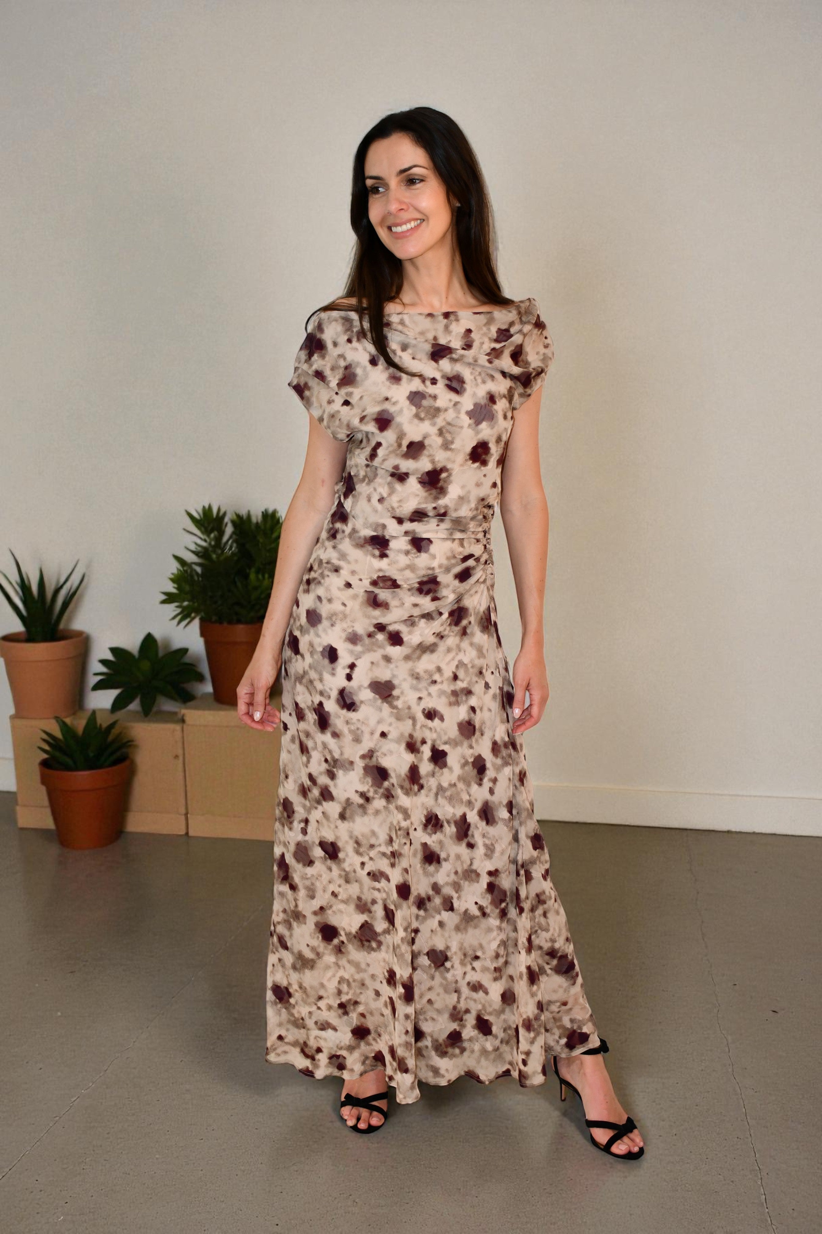 LA1774-7J  One / Off  Shoulder Ruched Dress - Coffee