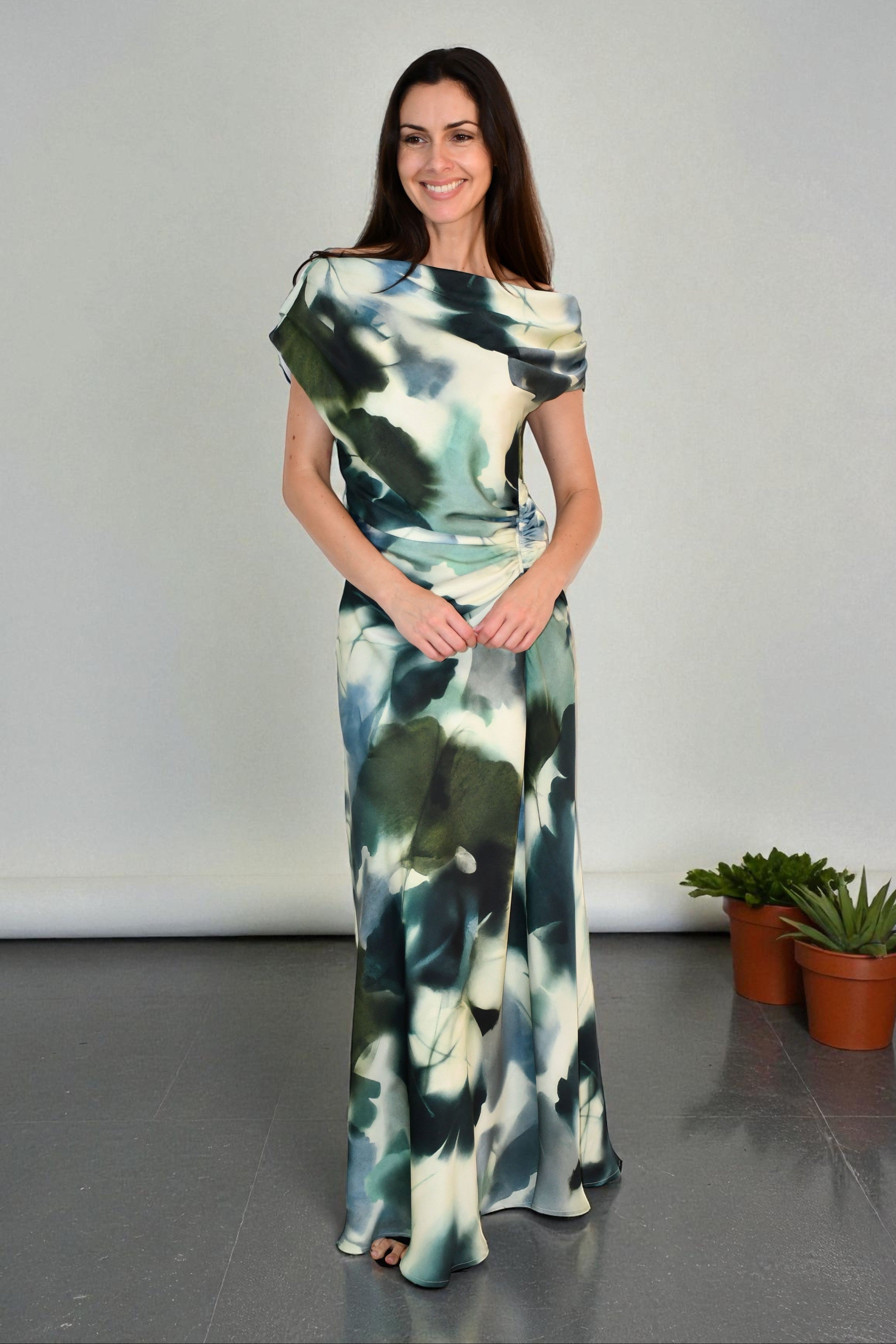 LA1774-7J  One / Off Shoulder Ruched Dress - Green