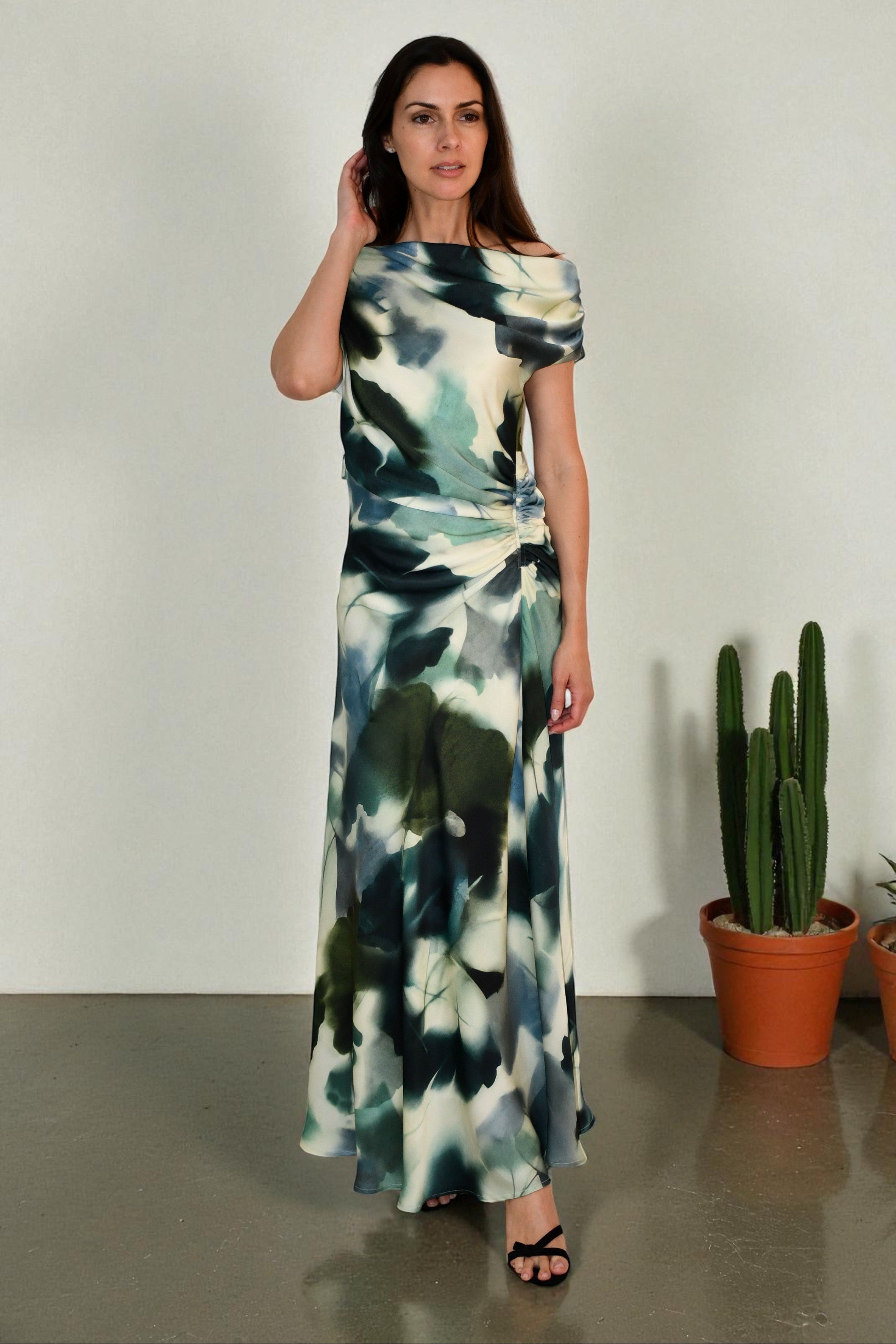 LA1774-7J  One / Off Shoulder Ruched Dress - Green