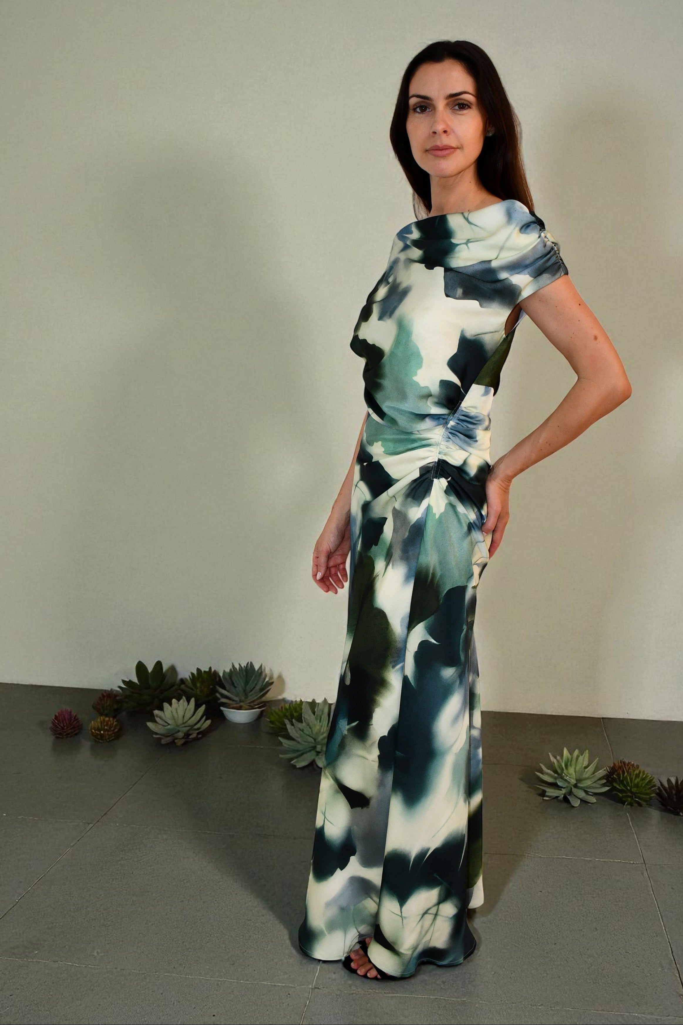 LA1774-7J  One / Off Shoulder Ruched Dress - Green