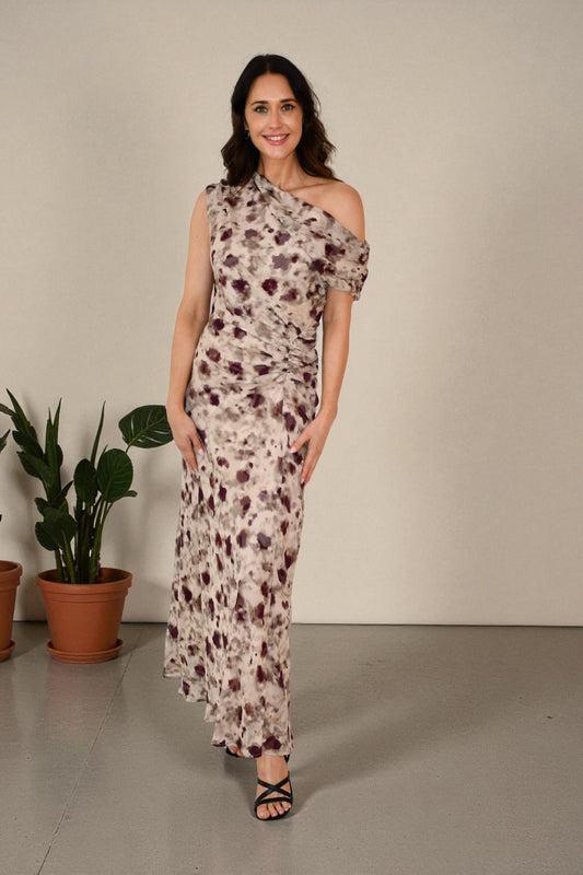 LA1774-7J  One / Off  Shoulder Ruched Dress - Coffee