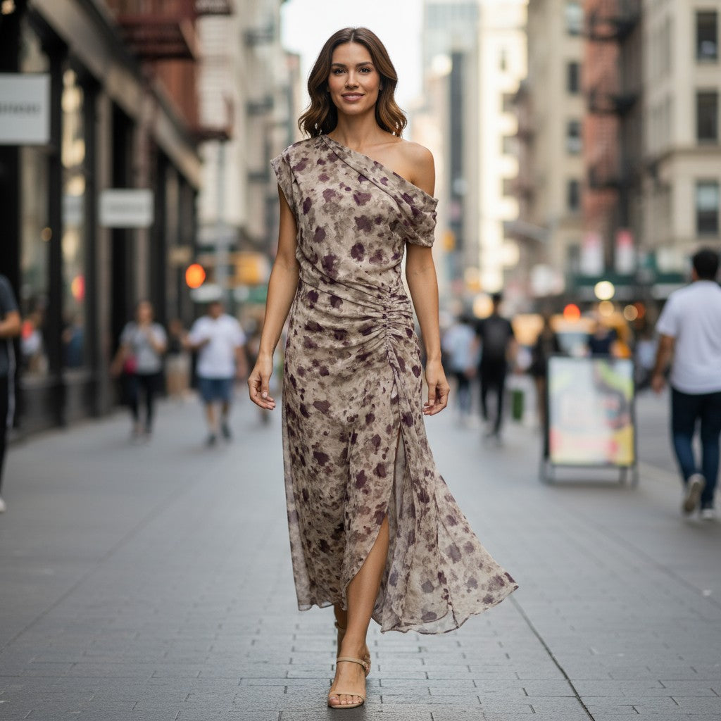 LA1774-7J  One / Off  Shoulder Ruched Dress - Coffee