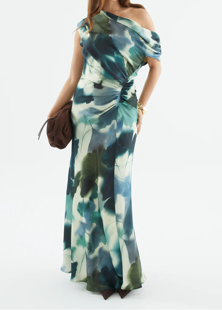 LA1774-7J  One / Off Shoulder Ruched Dress - Green