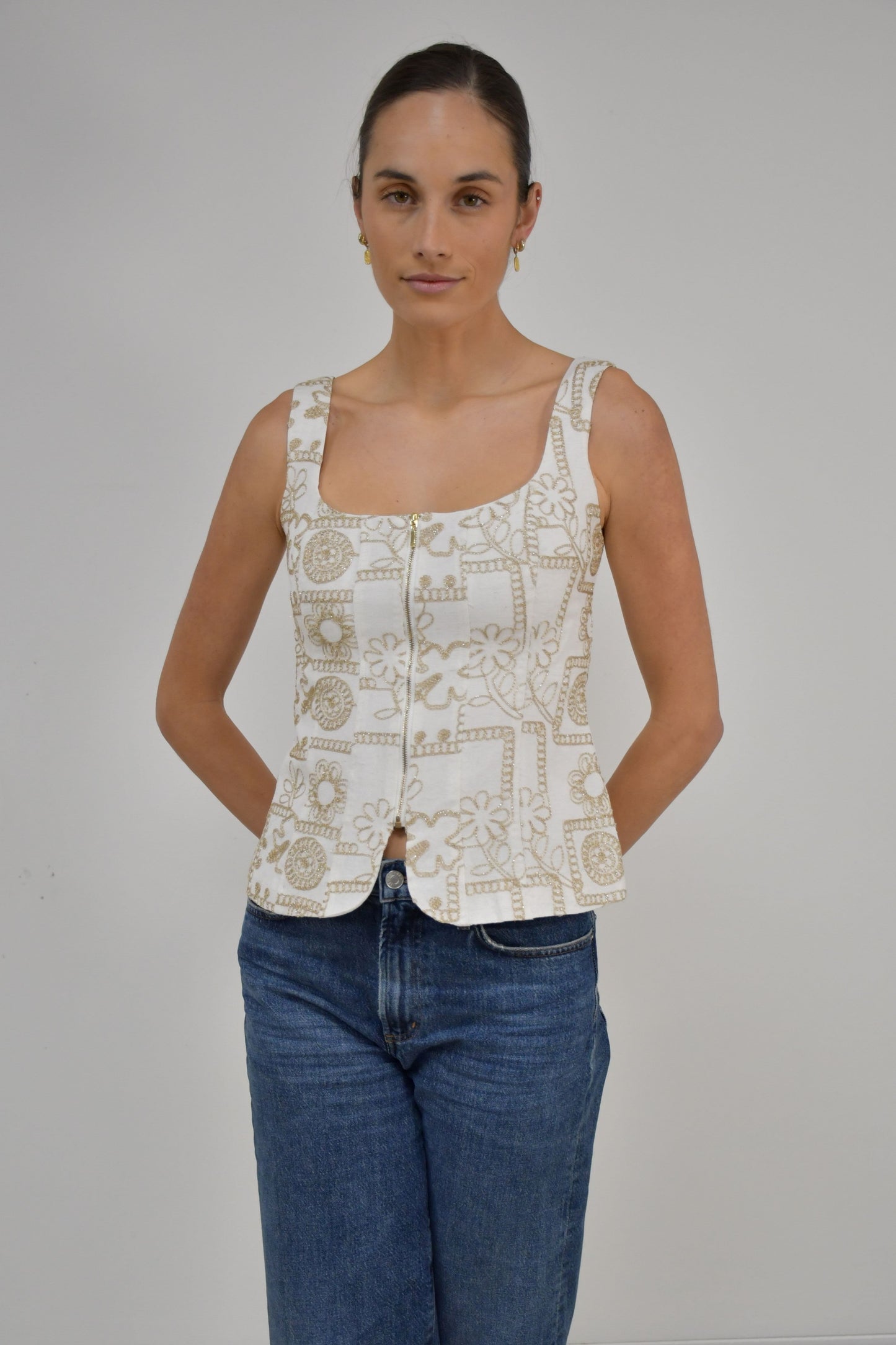 LA1807-2J  Gold Patterned Square Neck Zip Top