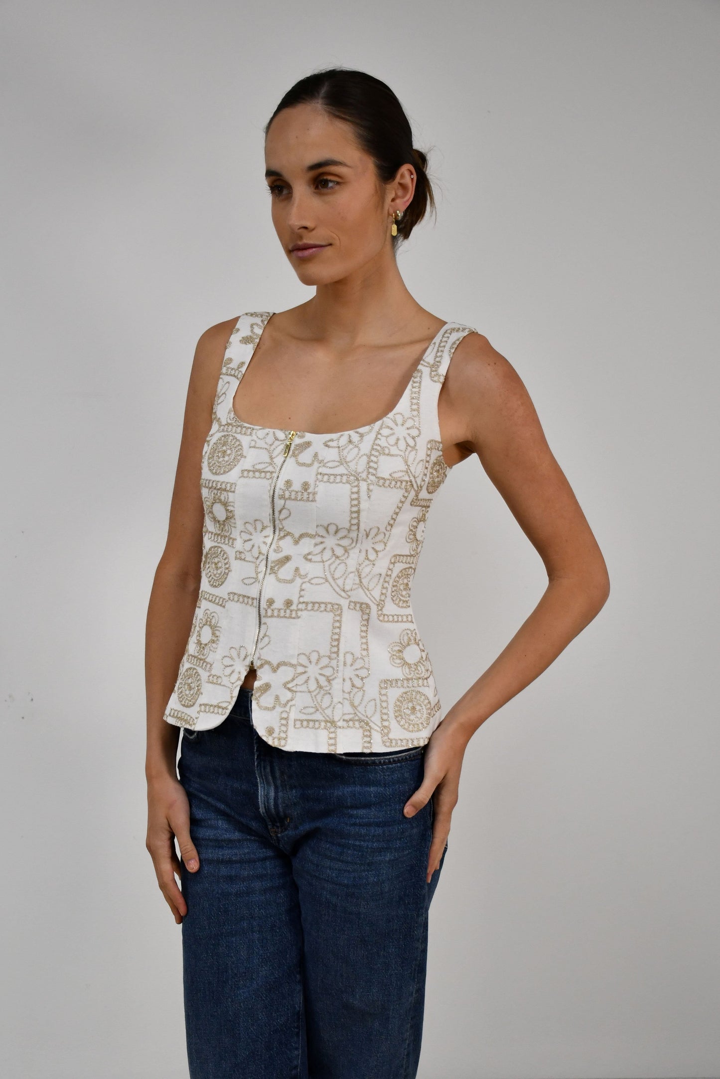 LA1807-2J  Gold Patterned Square Neck Zip Top