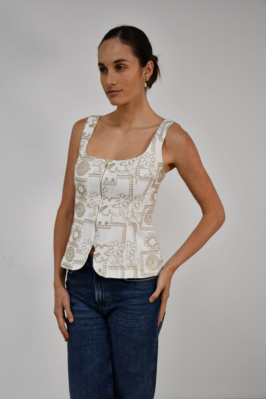 LA1807-2J  Gold Patterned Square Neck Zip Top