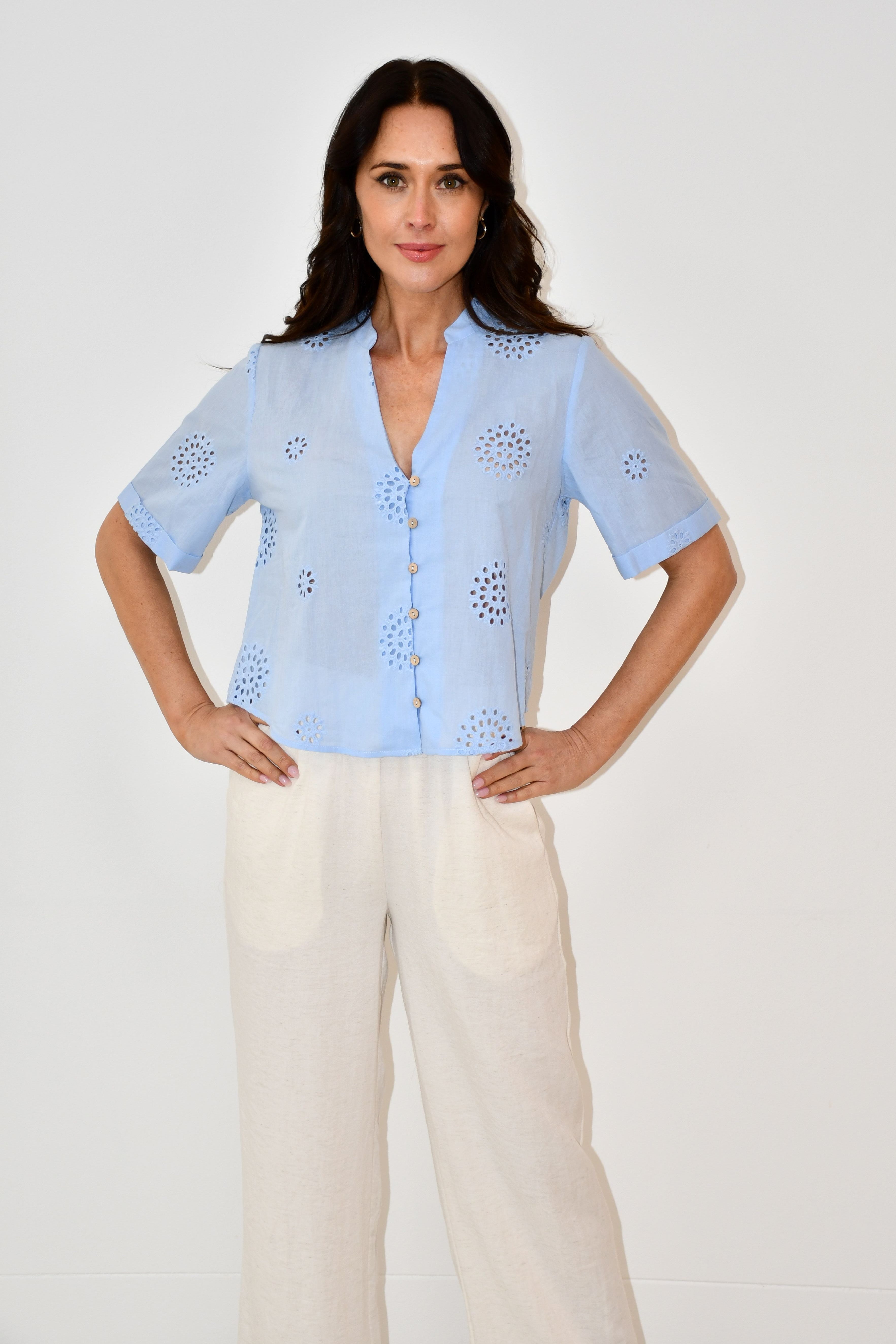 LX2521-1J - Sky Blue Embroidered Button-Down Top