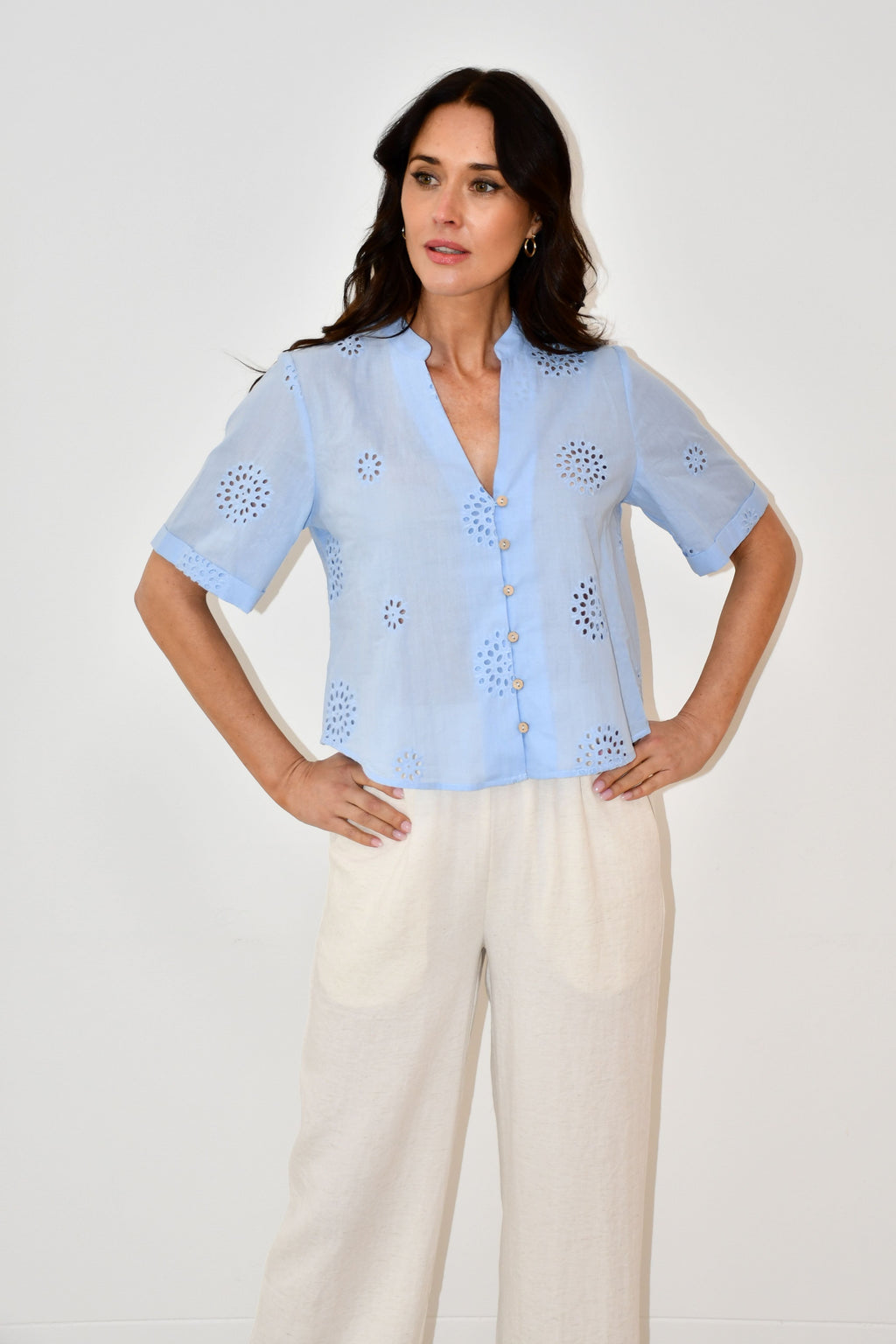 LX2521-1J - Sky Blue Embroidered Button-Down Top