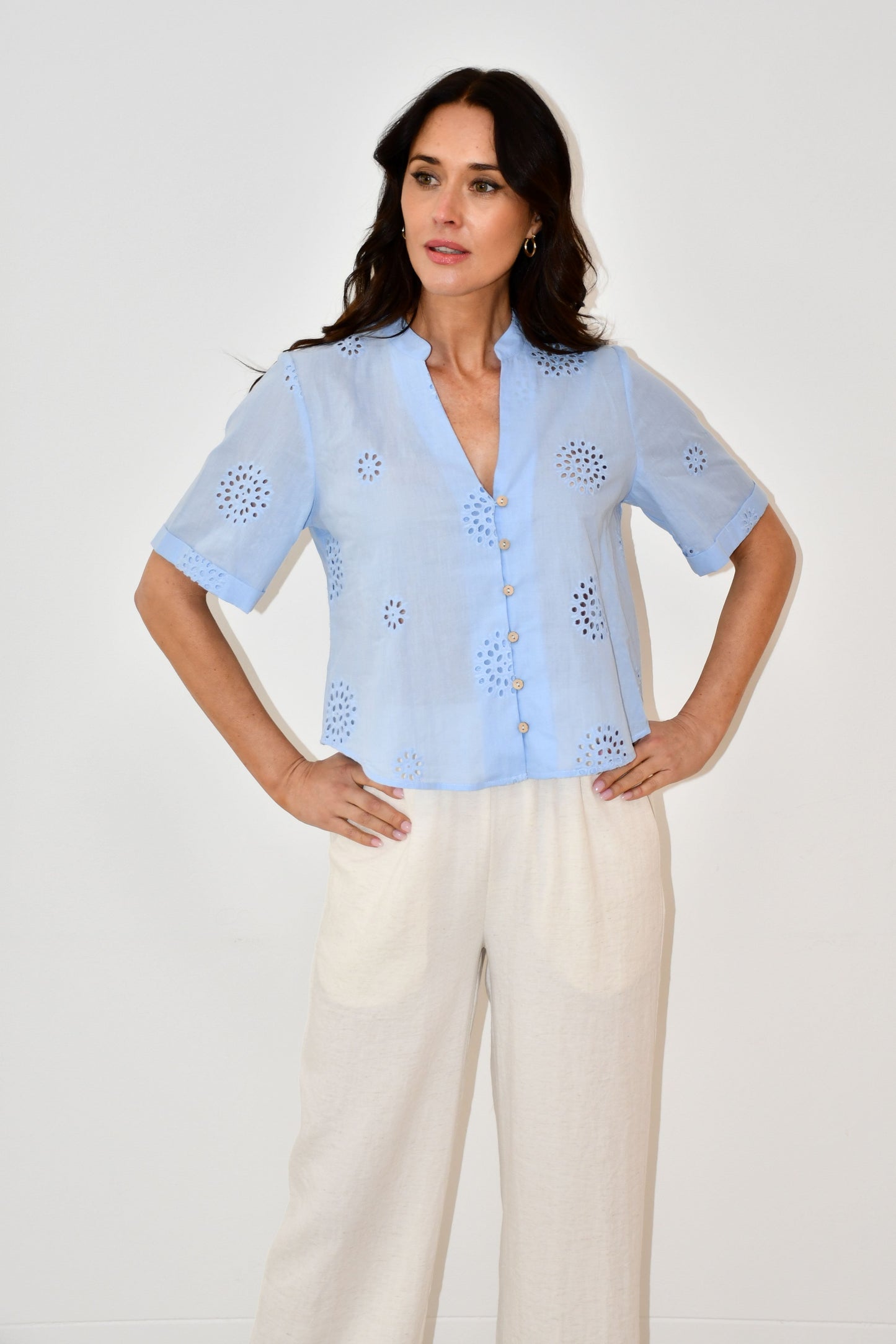 LX2521-1J - Sky Blue Embroidered Button-Down Top