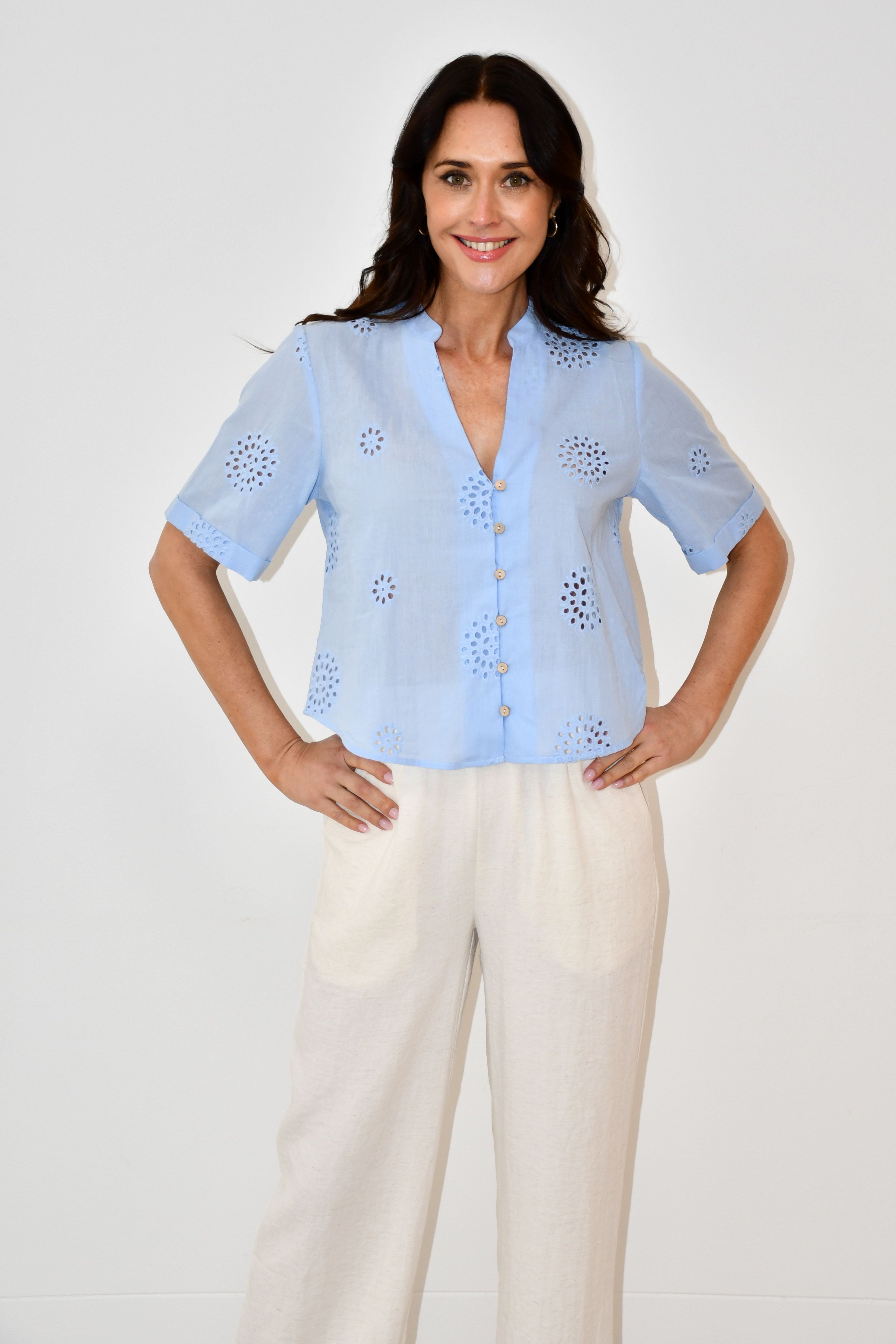 LX2521-1J - Sky Blue Embroidered Button-Down Top