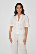 LX2521J - White Embroidered Button-Down Top