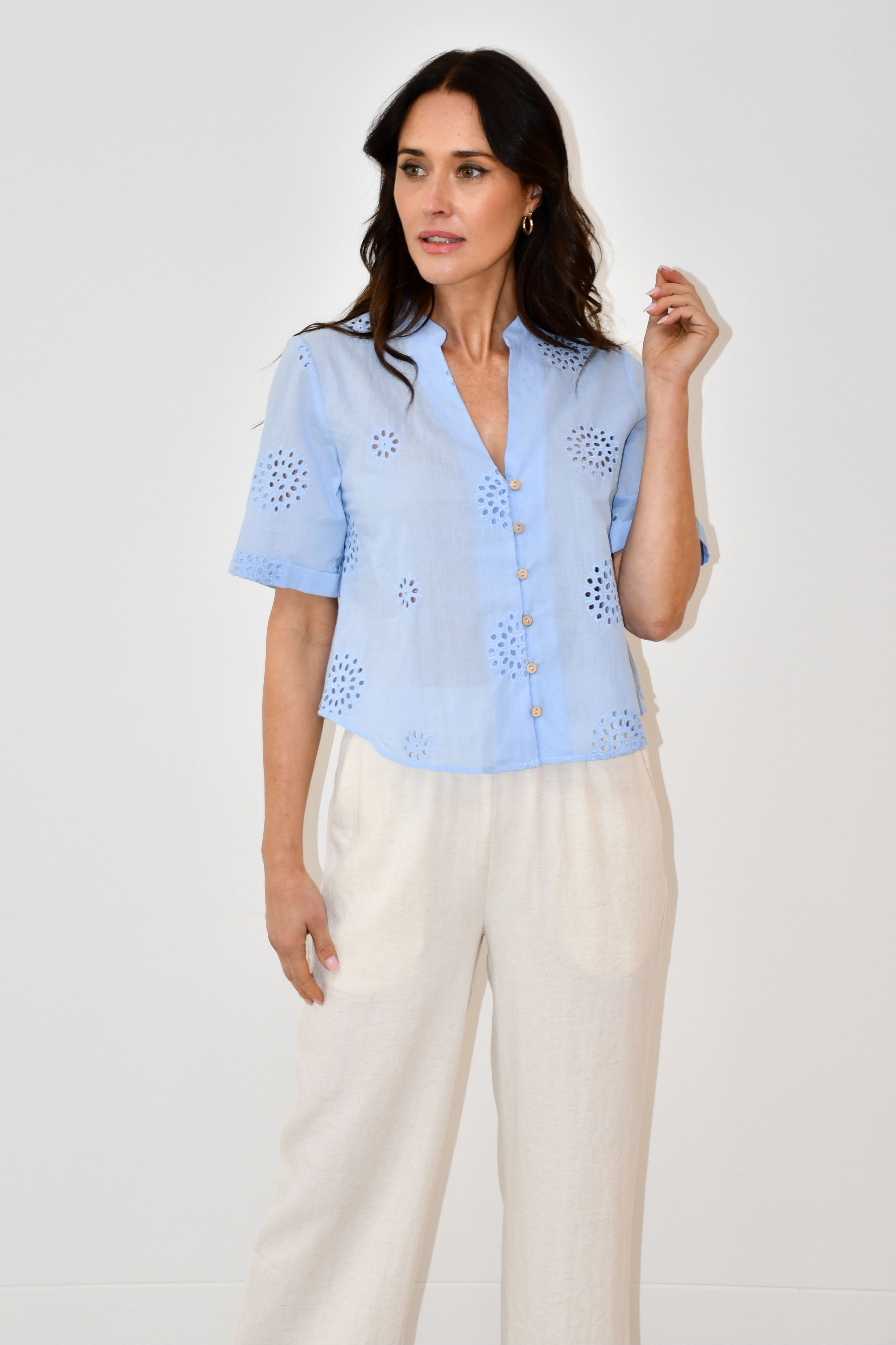 LX2521-1J - Sky Blue Embroidered Button-Down Top