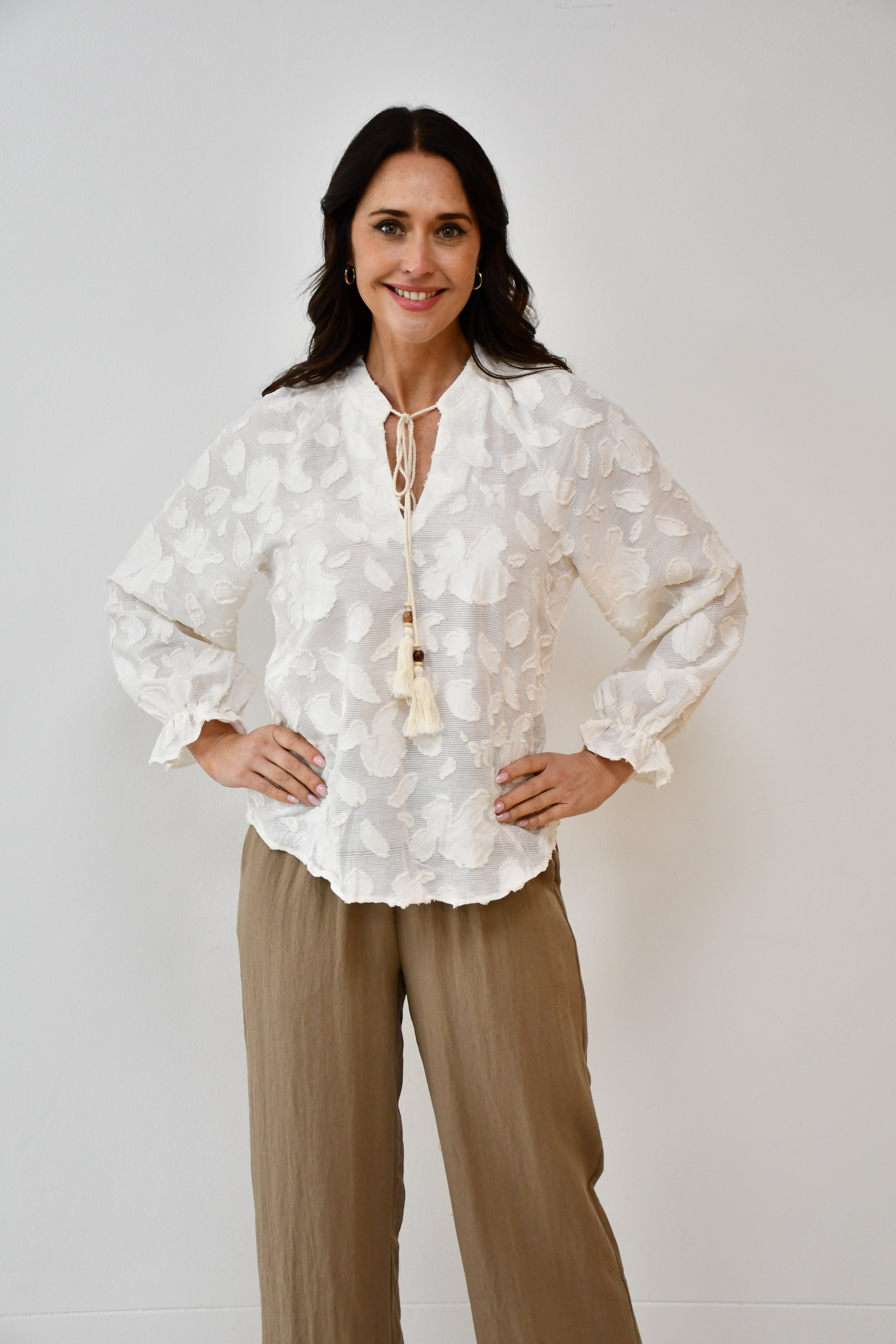 LX2524-1J Textured Floral Tassel Blouse