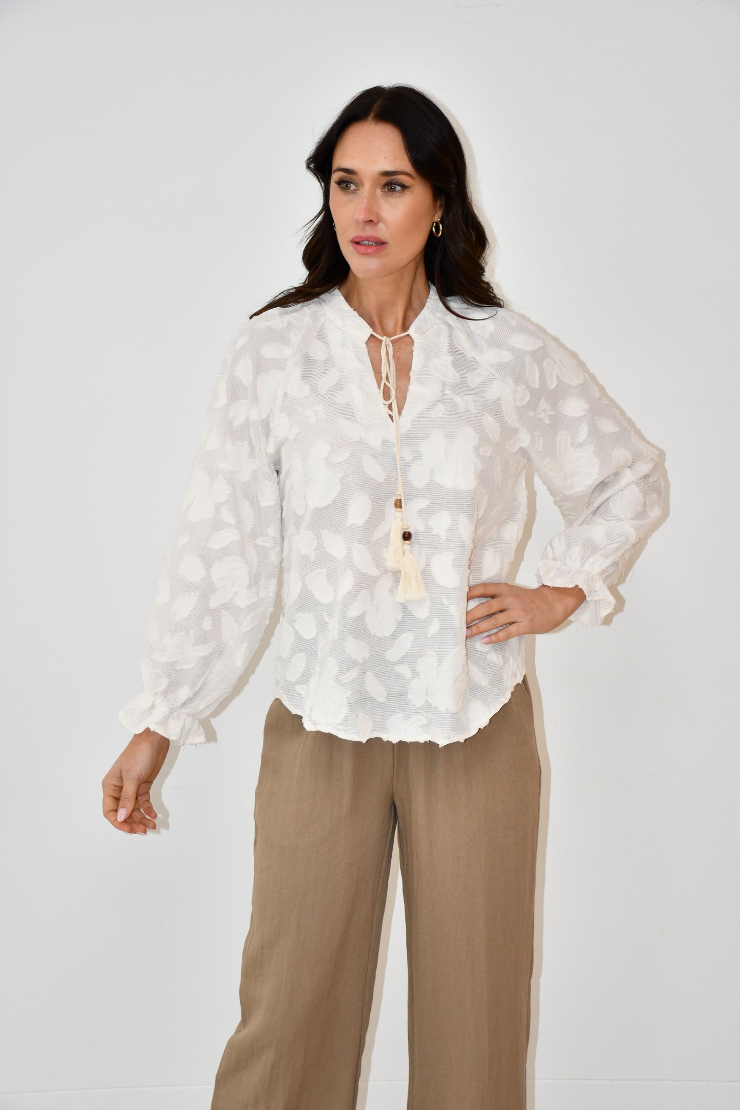 LX2524-1J Textured Floral Tassel Blouse
