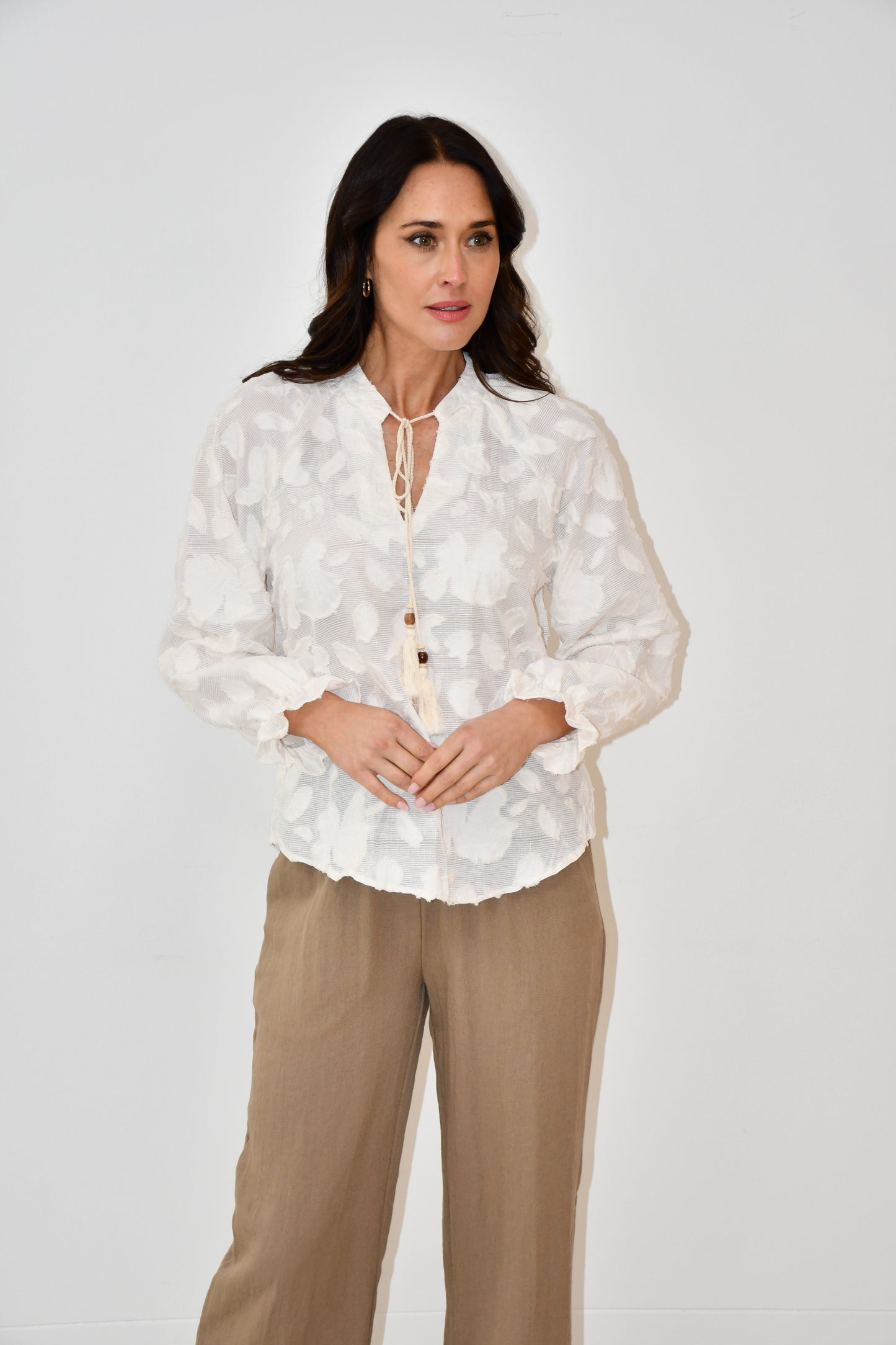 LX2524-1J Textured Floral Tassel Blouse