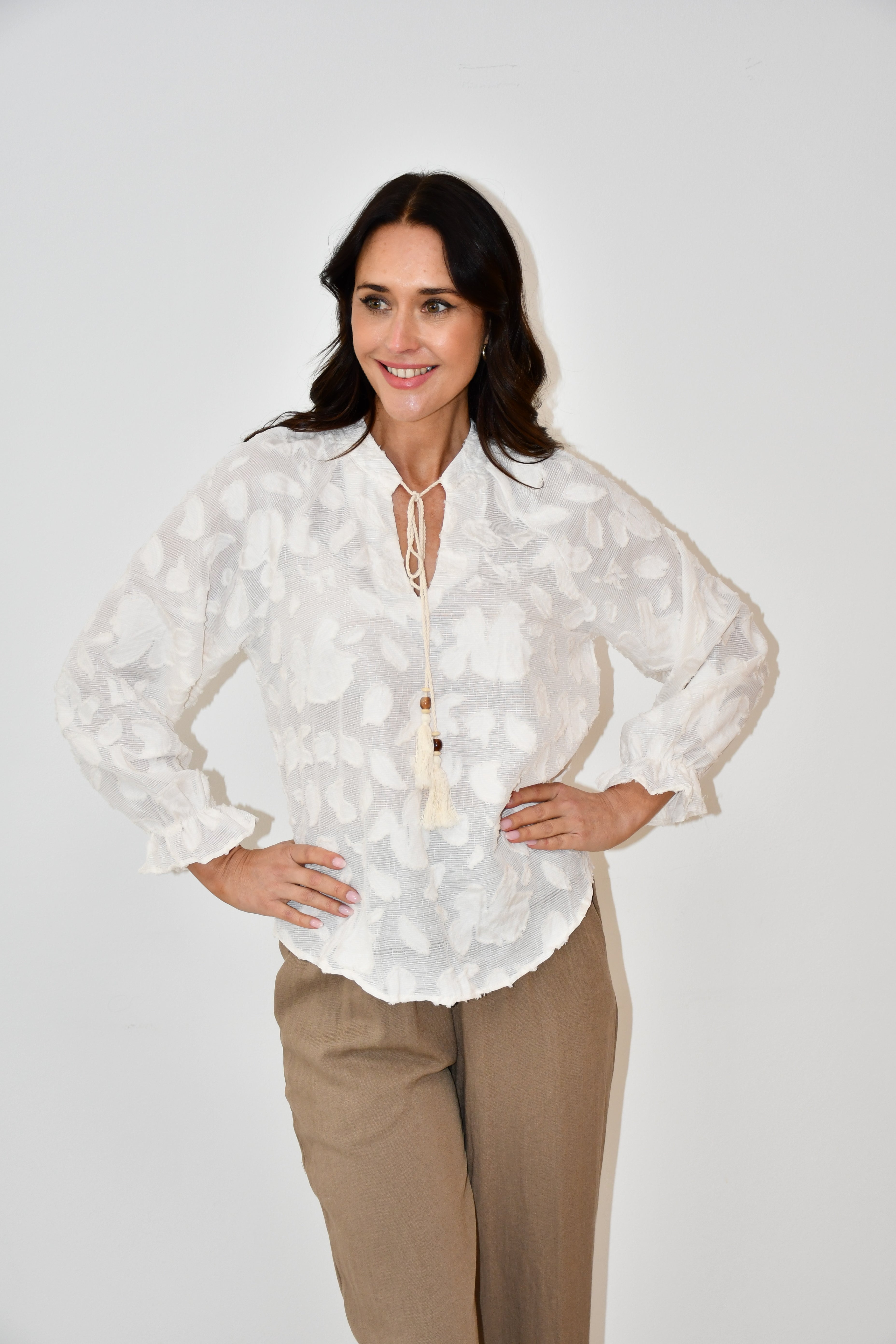 LX2524-1J Textured Floral Tassel Blouse