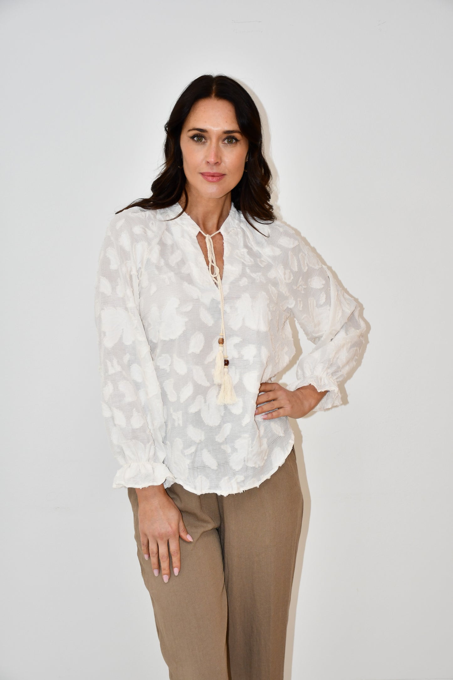LX2524-1J Textured Floral Tassel Blouse