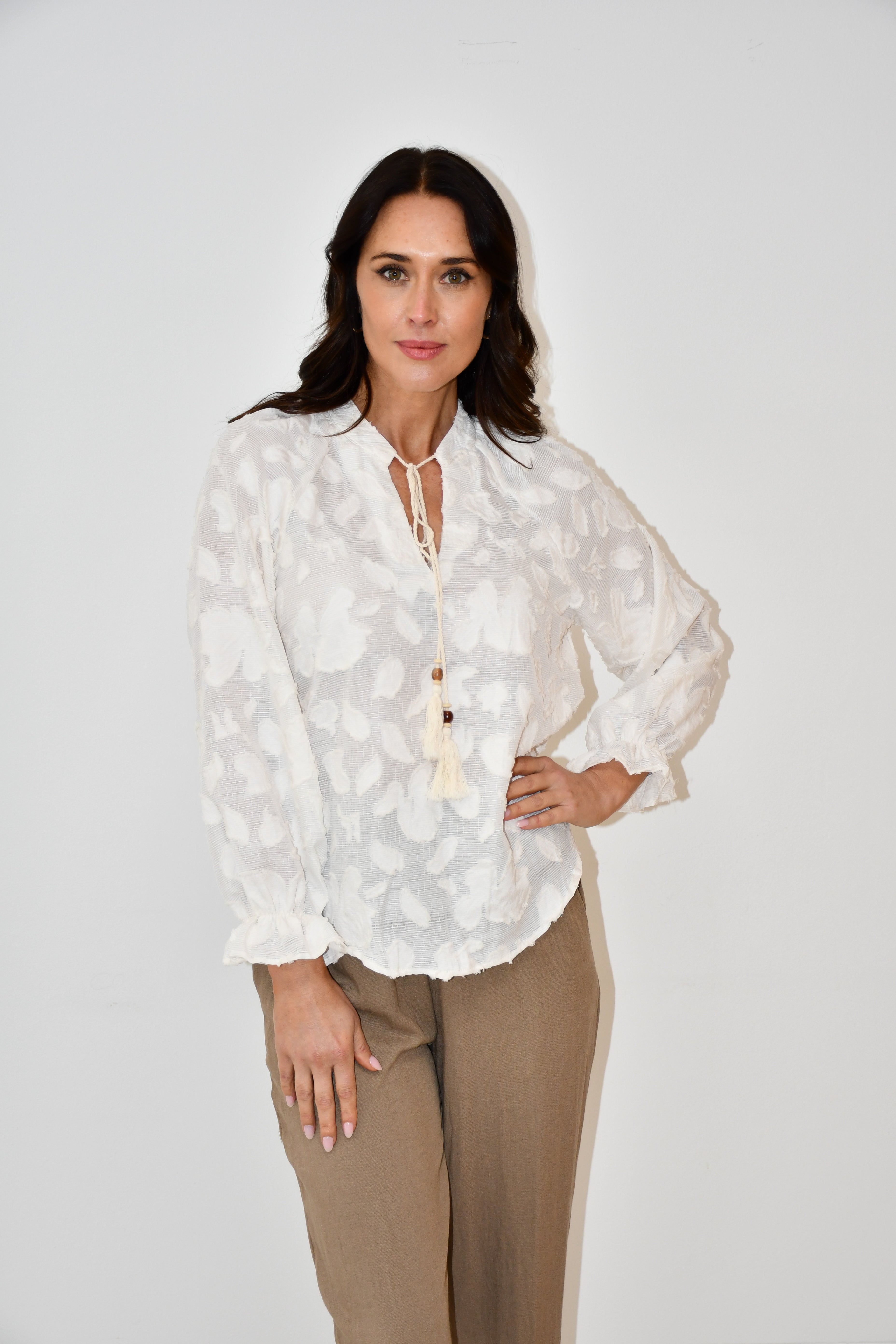 LX2524-1J Textured Floral Tassel Blouse