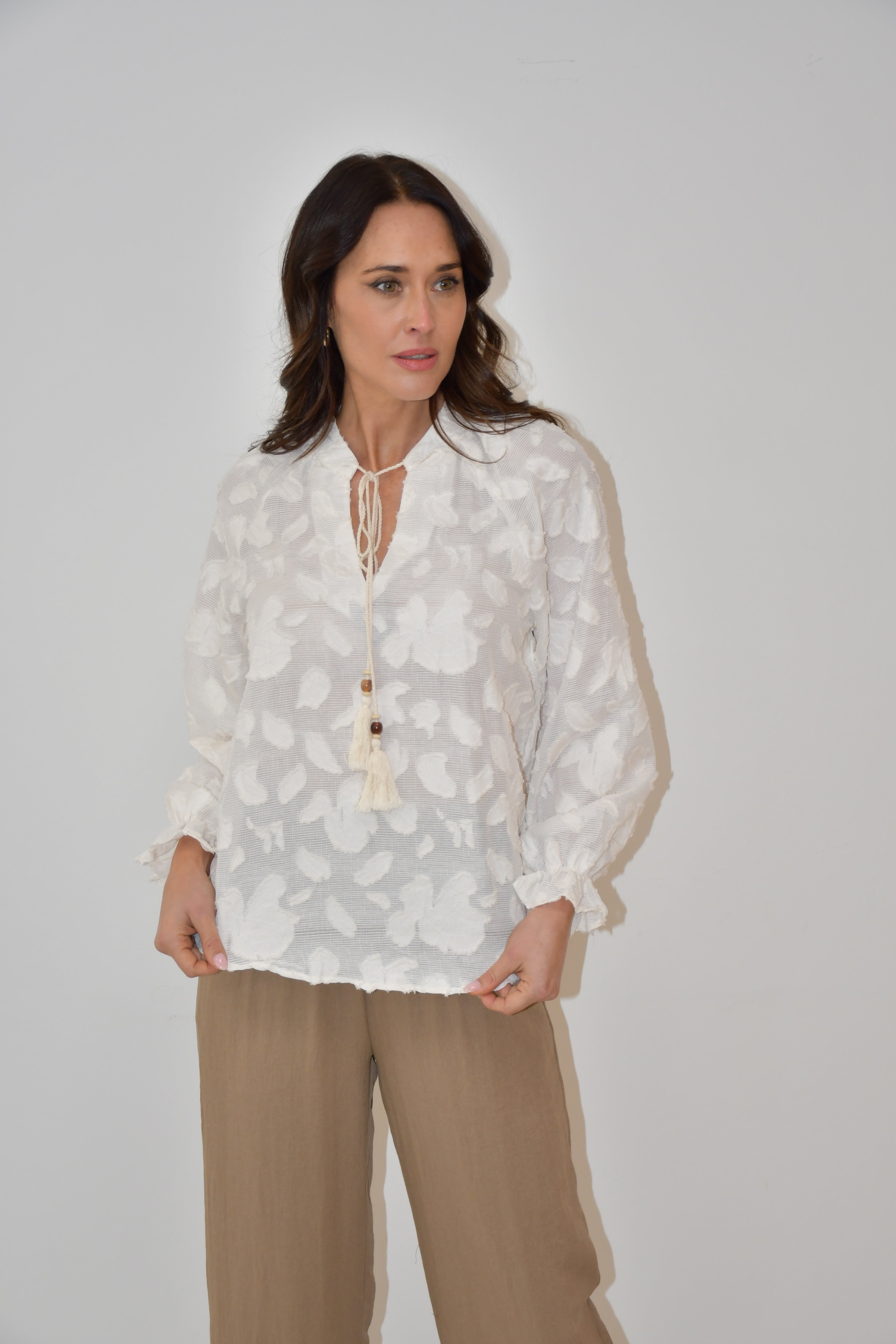 LX2524-1J Textured Floral Tassel Blouse