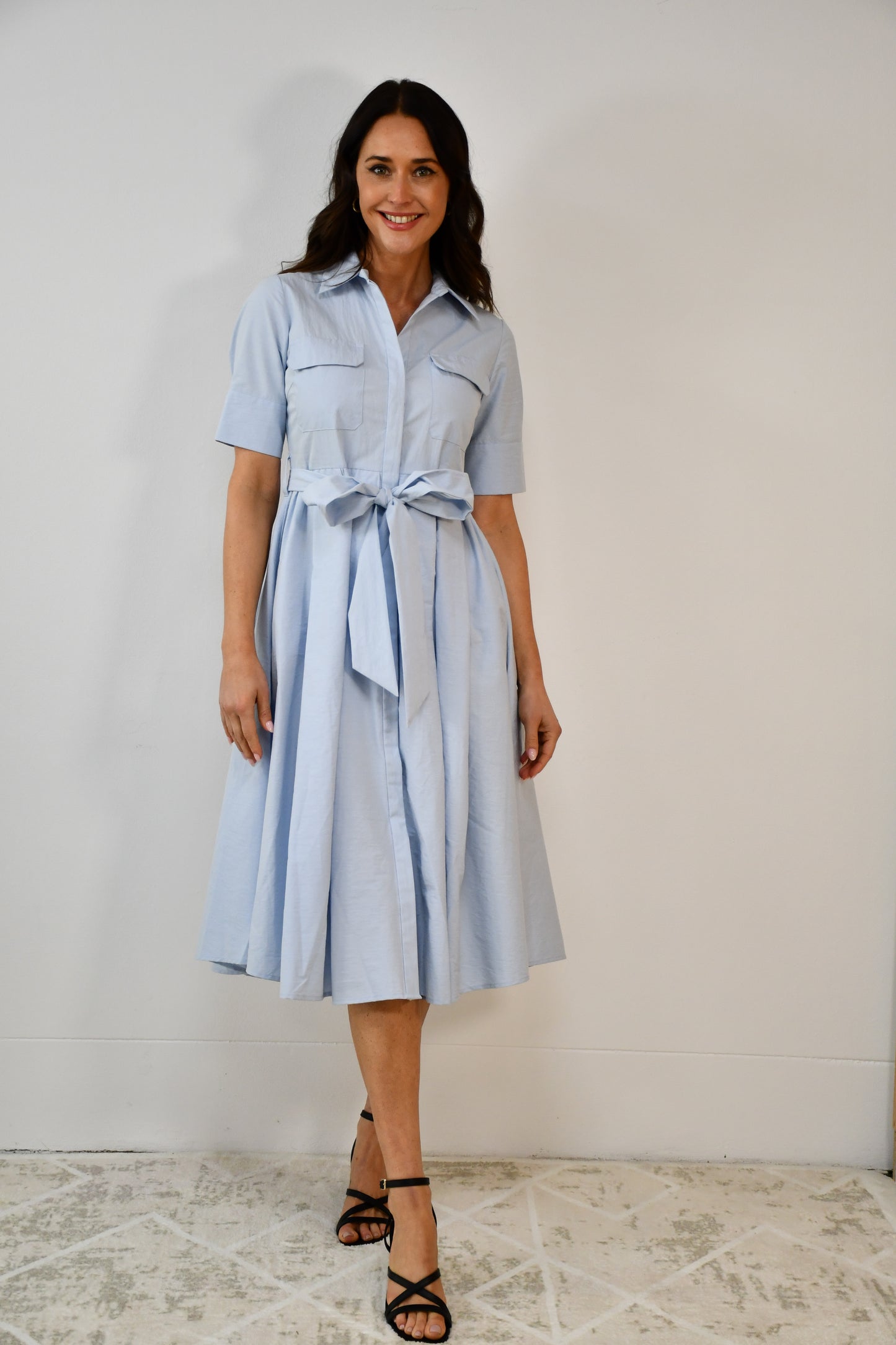 LX2530J Belted Shirt Midi Dress - L Blue