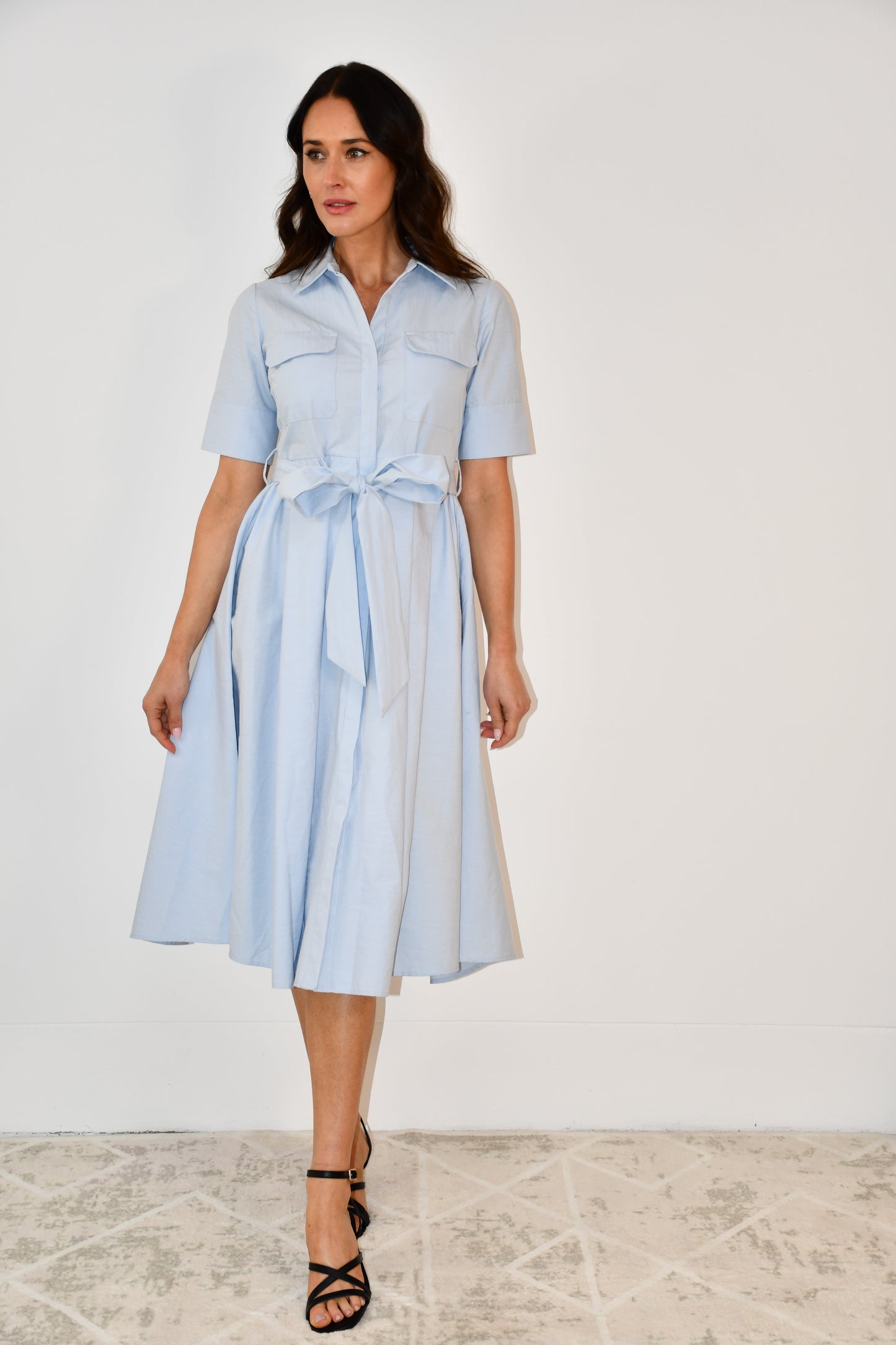 LX2530J Belted Shirt Midi Dress - L Blue
