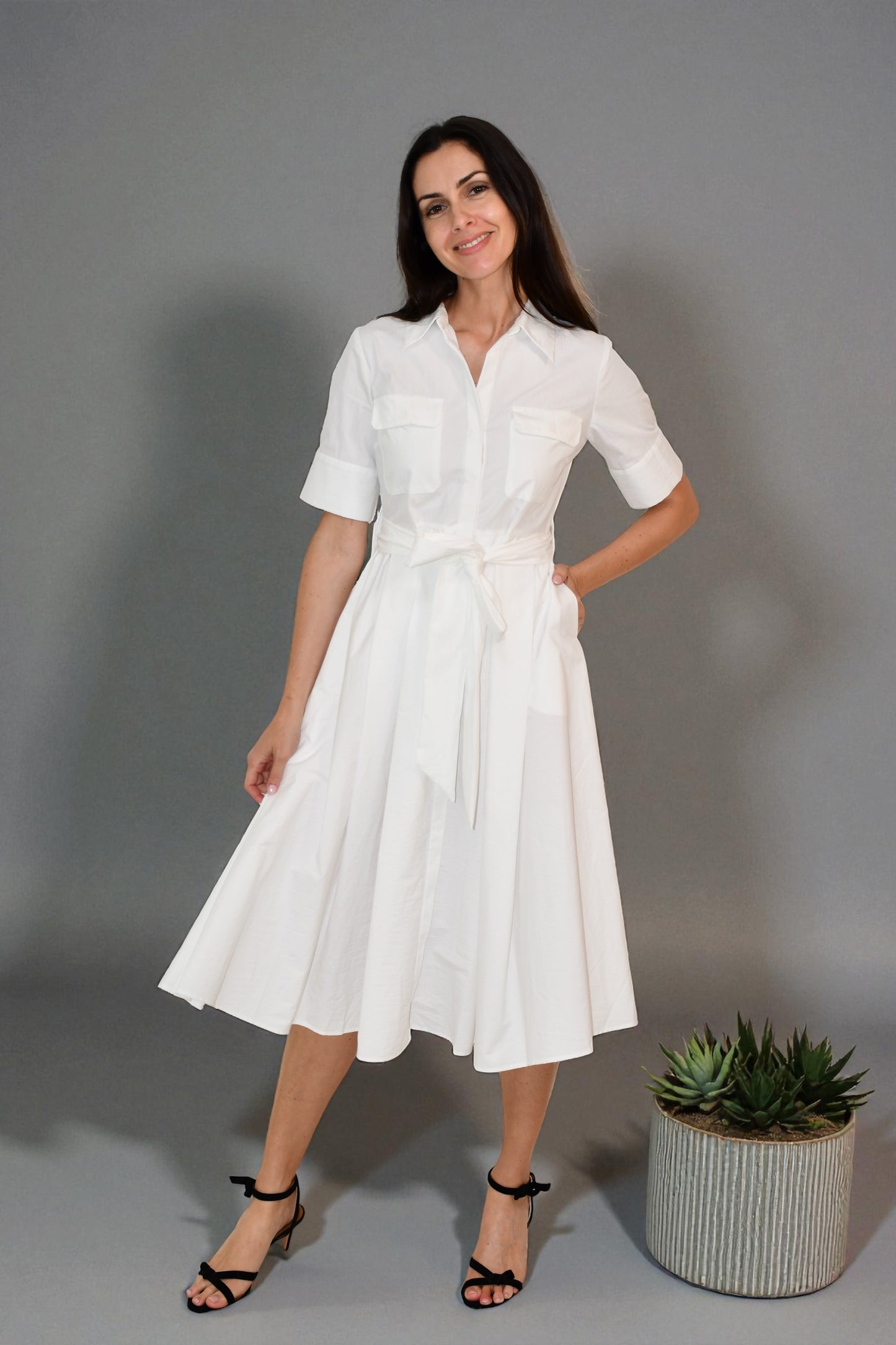 LX2530J Belted Shirt Midi Dress - White