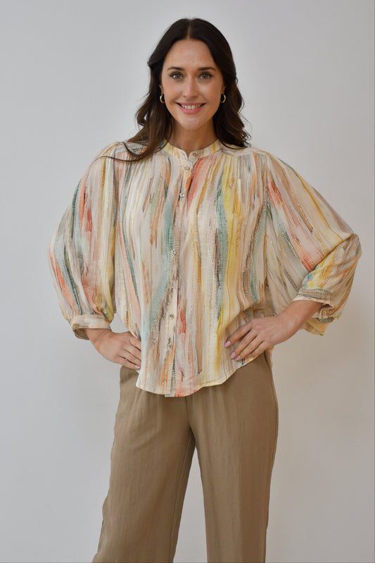 LX2535J  Multicolour Stripe Button Blouse