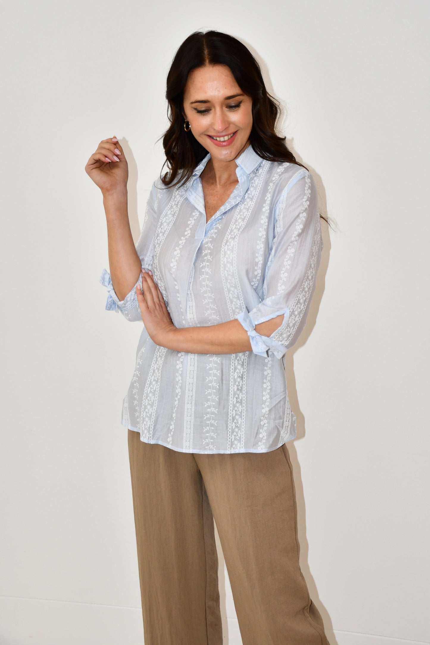 LX2536J - Embroidered Stripe Cotton Blouse