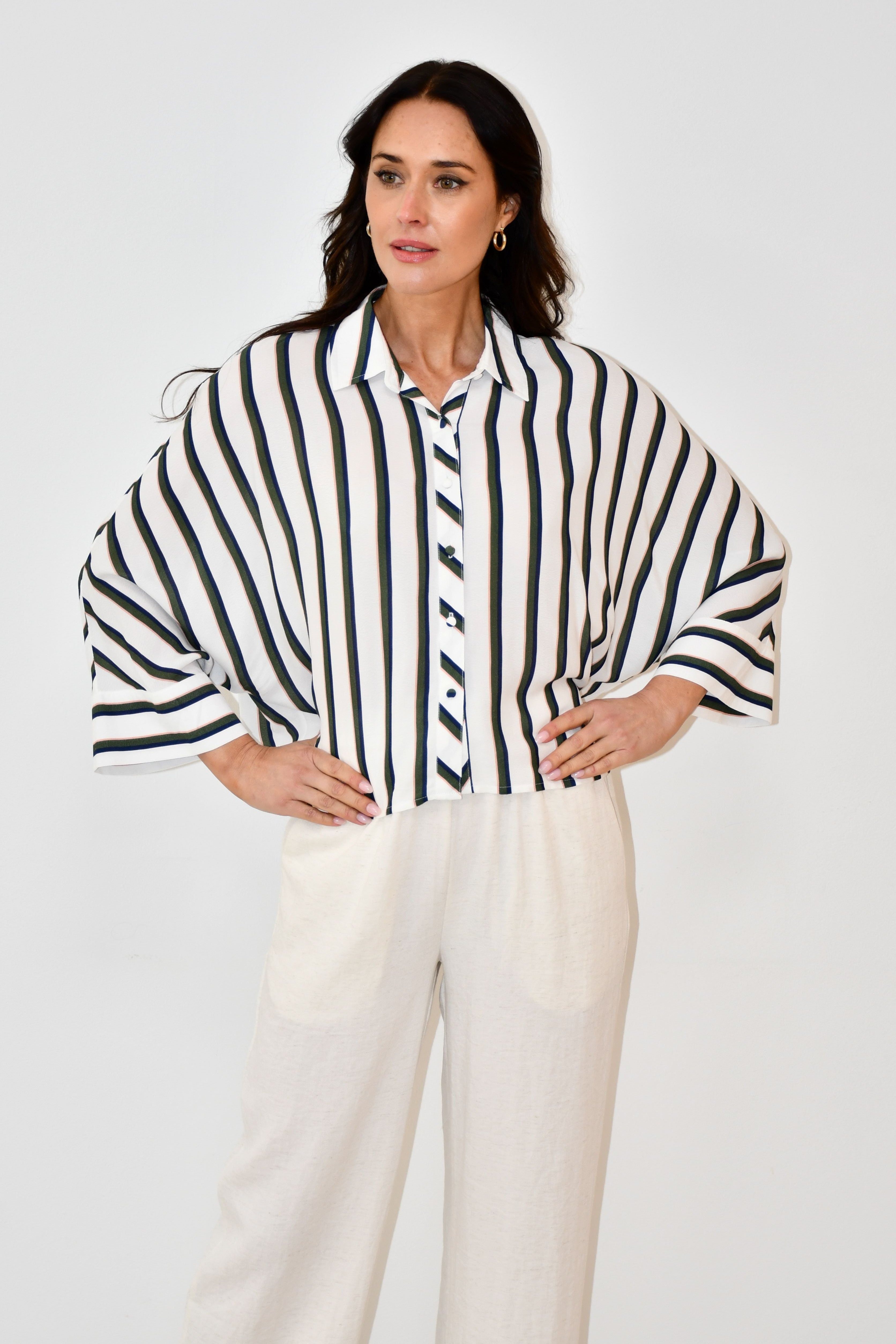LX2538J - Oversized Striped Button-Down Shirt