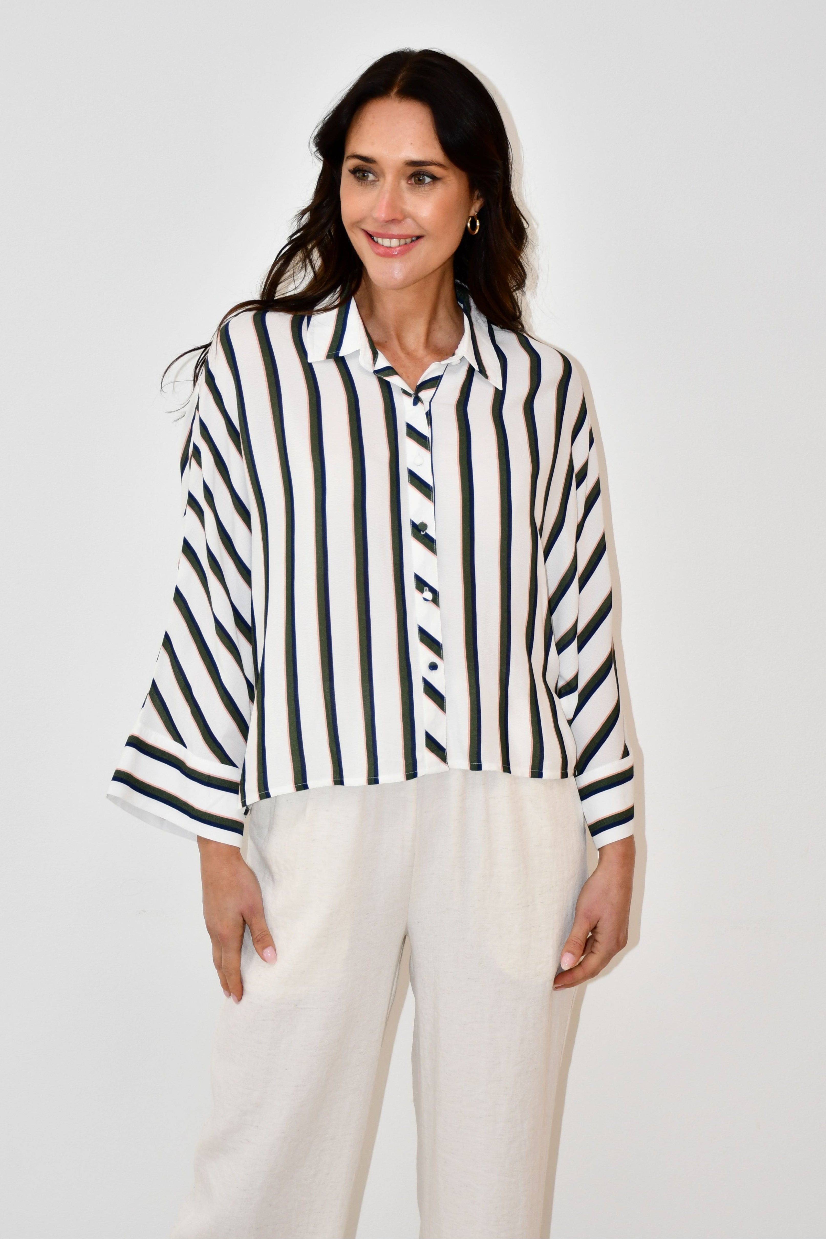 LX2538J - Oversized Striped Button-Down Shirt